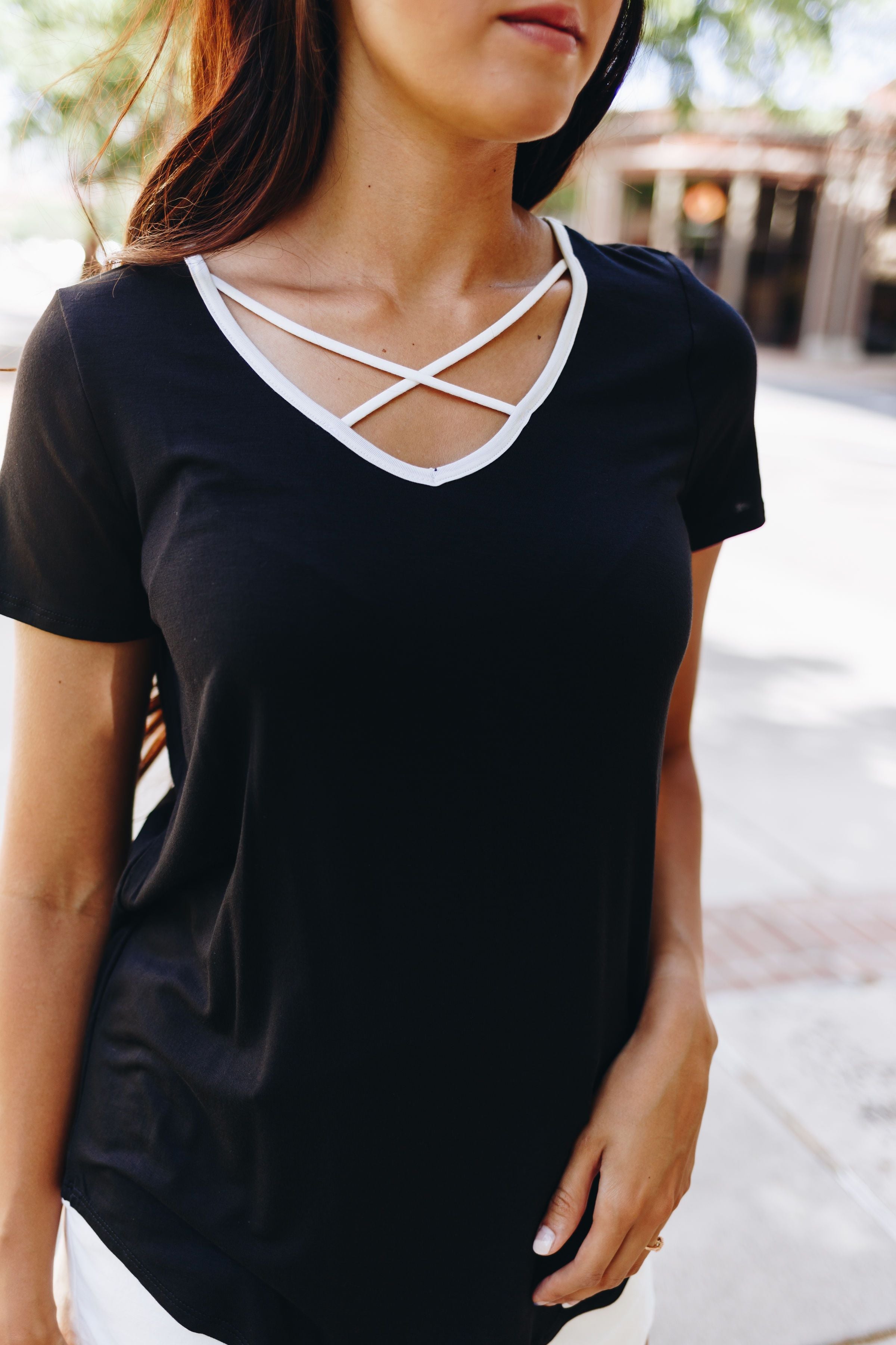 Contrasting Criss Cross Tee In Black + White