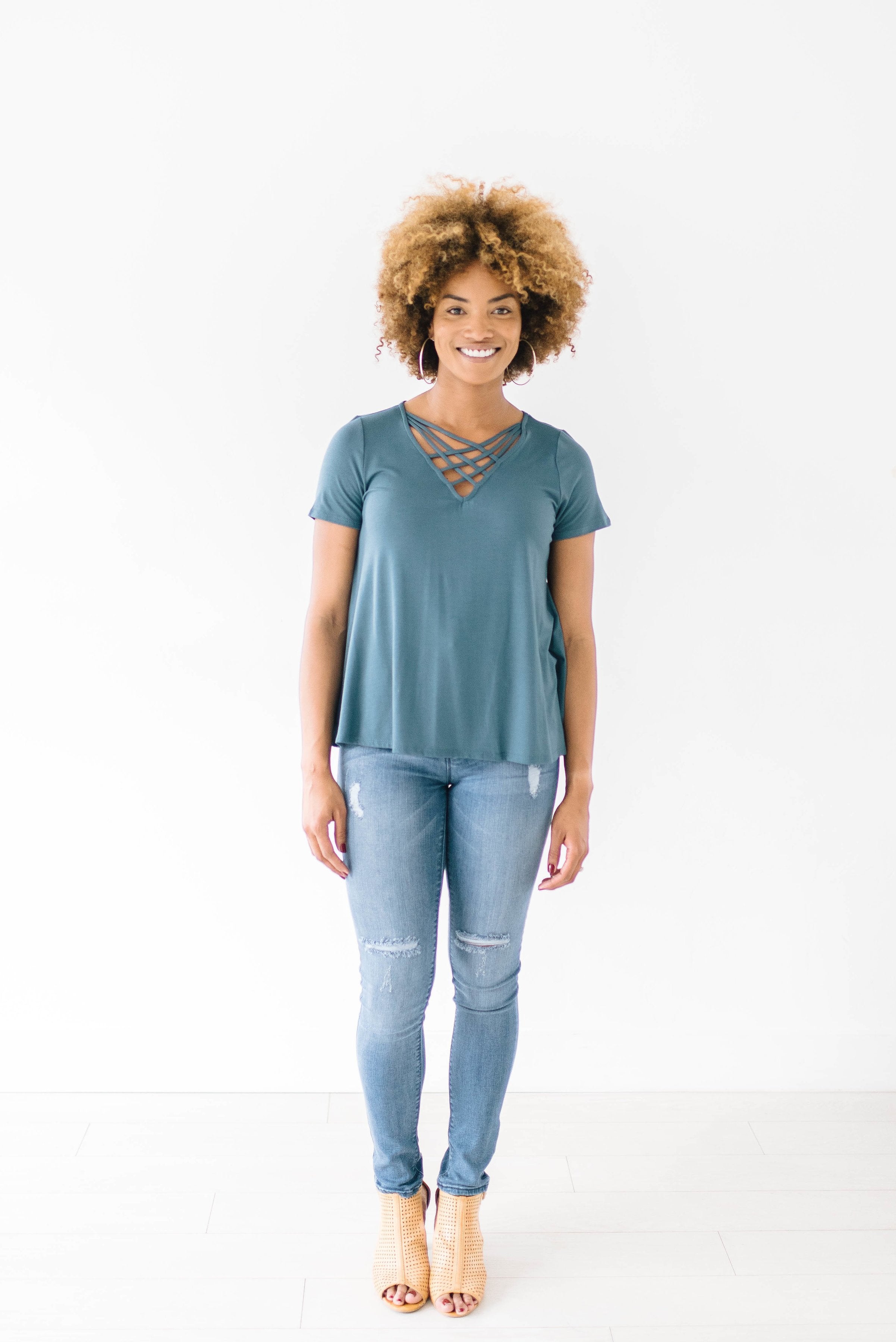 Criss Cross Tee In Teal Blue