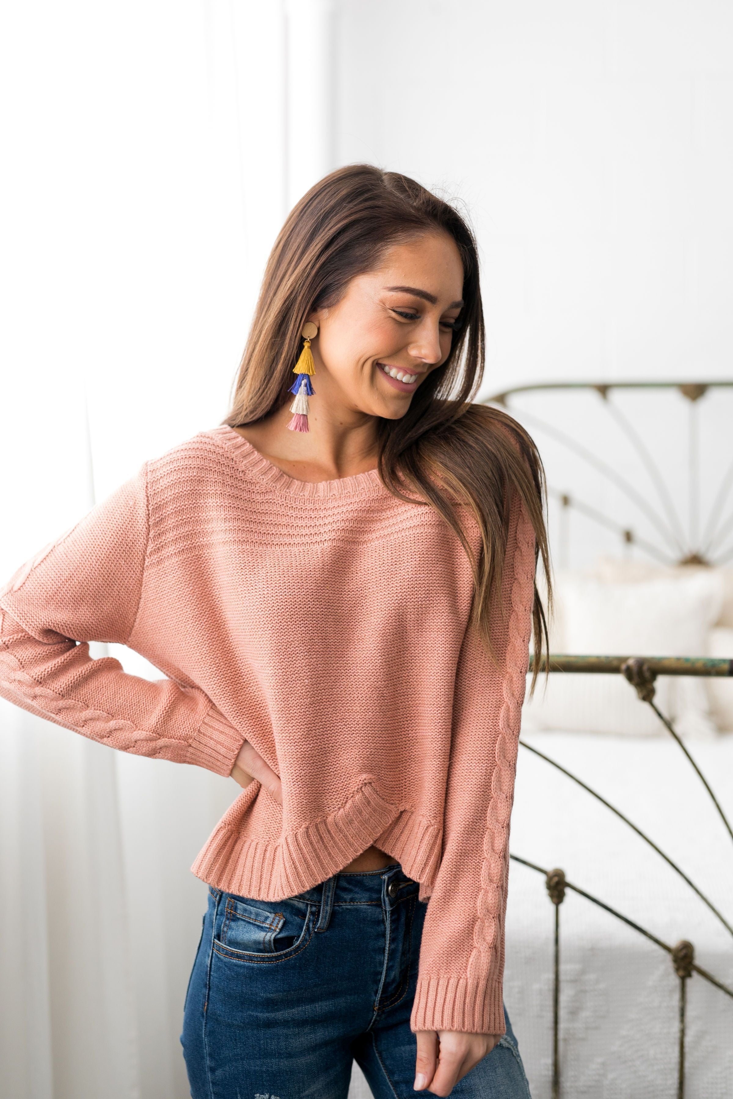 Cropped Cable Knit Sweater In Ginger - ALL SALES FINAL