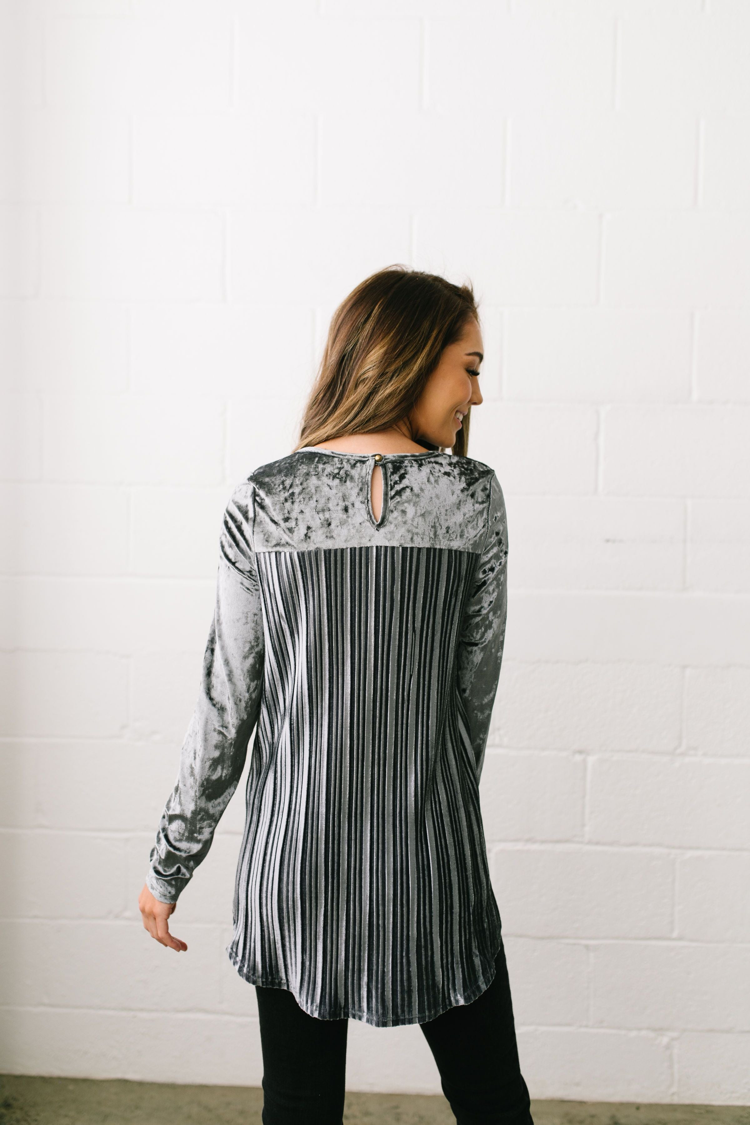 Crushing It Velvet Pleated Back Top In Charcoal - ALL SALES FINAL