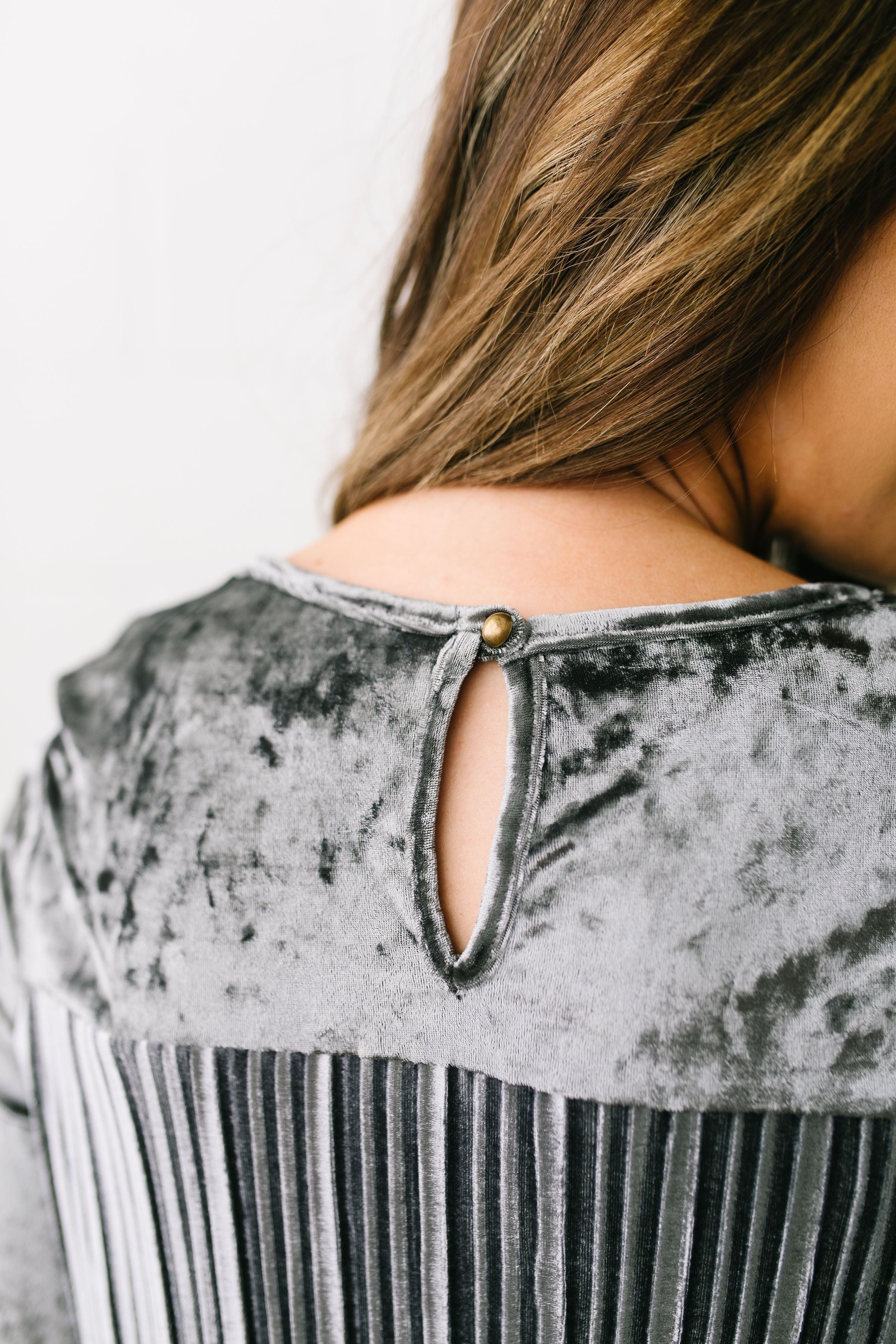 Crushing It Velvet Pleated Back Top In Charcoal - ALL SALES FINAL