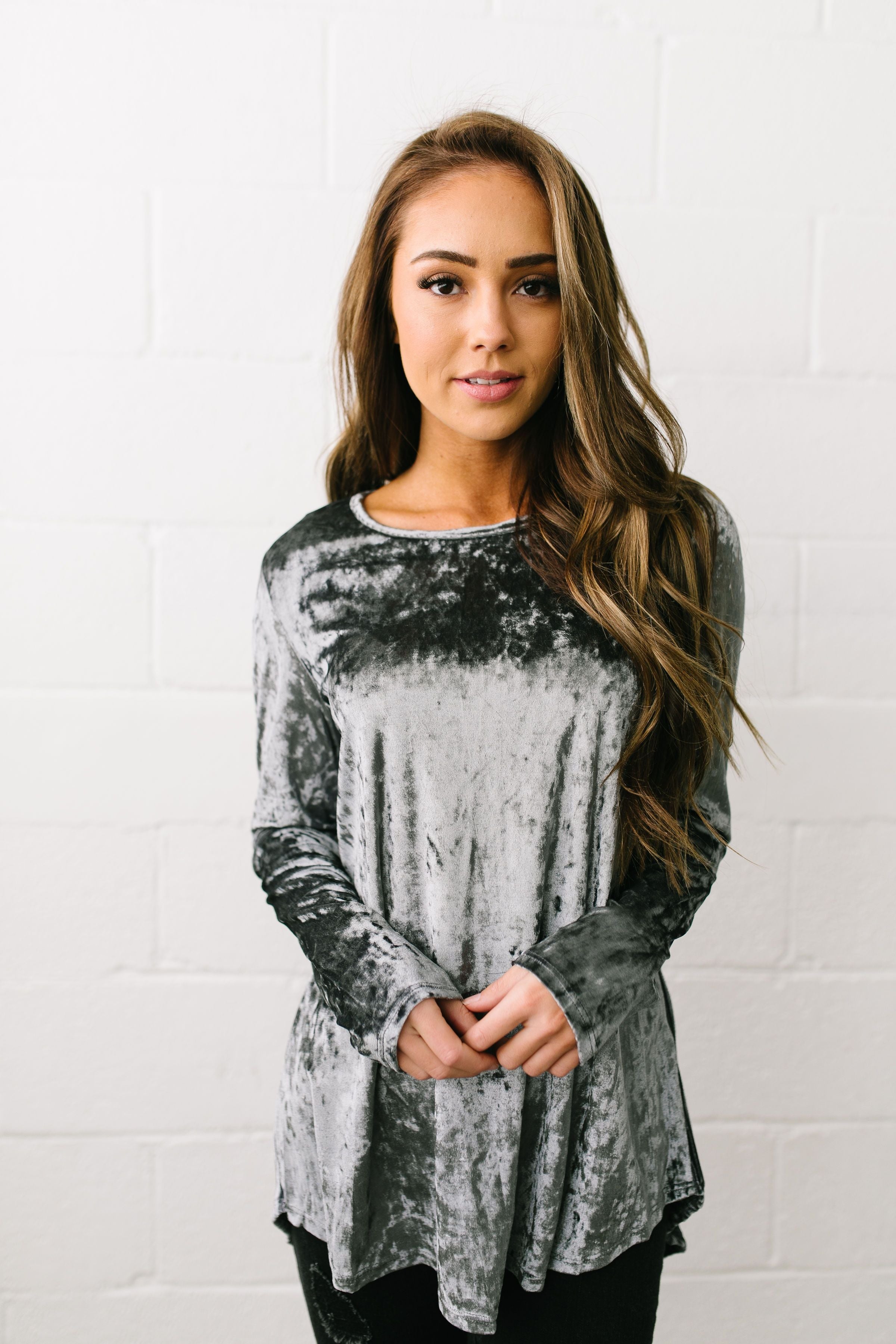 Crushing It Velvet Pleated Back Top In Charcoal - ALL SALES FINAL