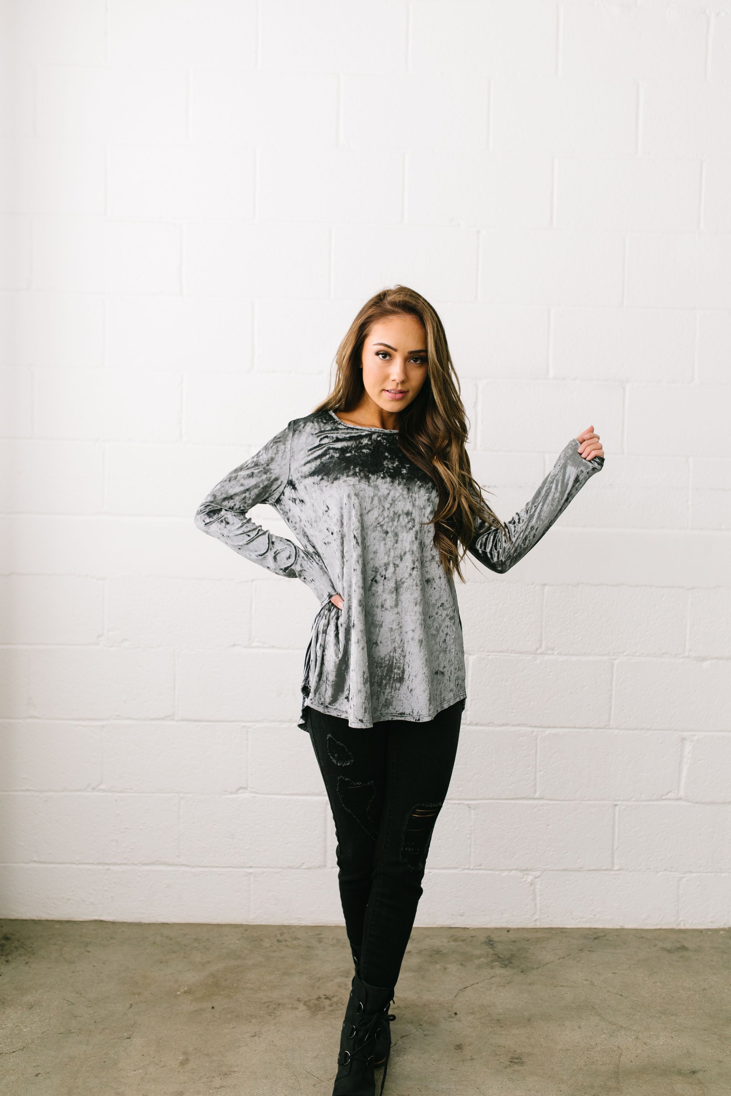 Crushing It Velvet Pleated Back Top In Charcoal - ALL SALES FINAL