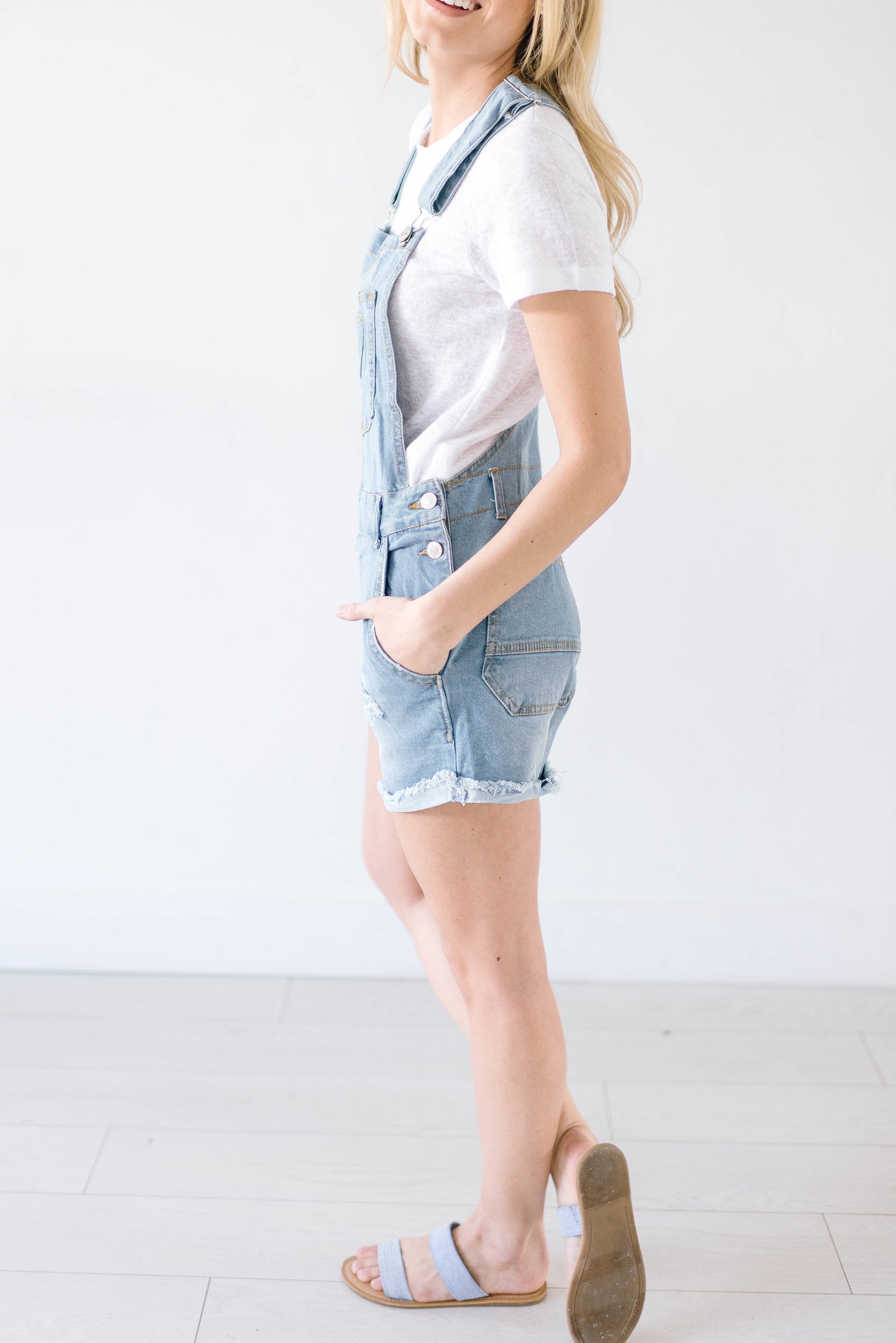 Distressed Denim Overall Shorts