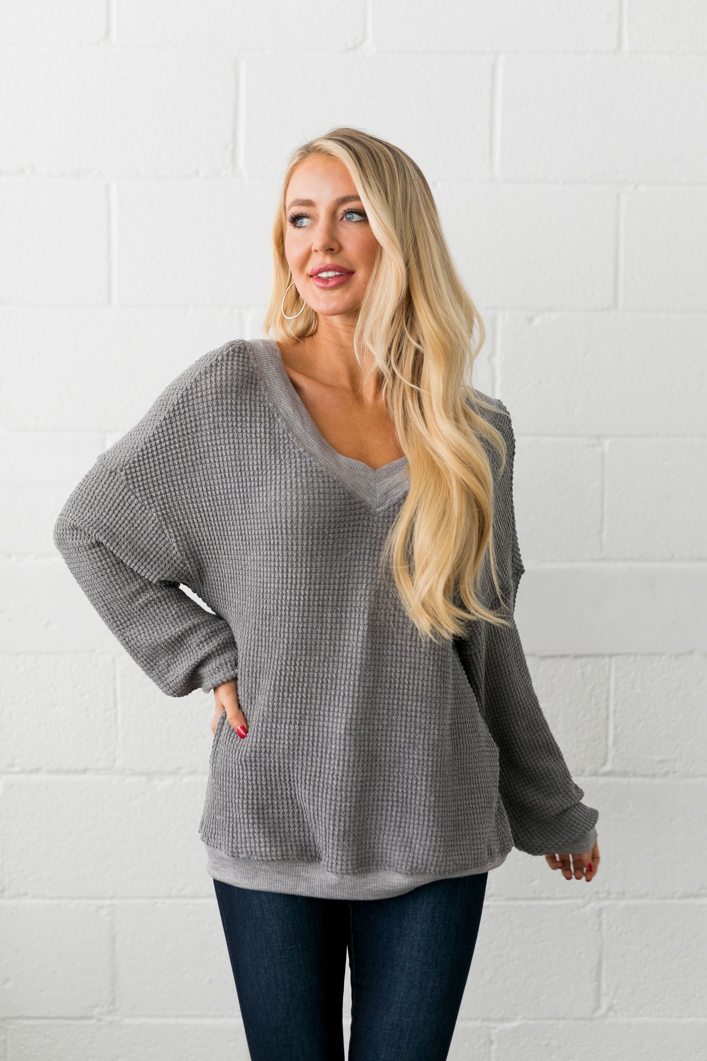 Double V Waffle Knit Top In Gray - ALL SALES FINAL