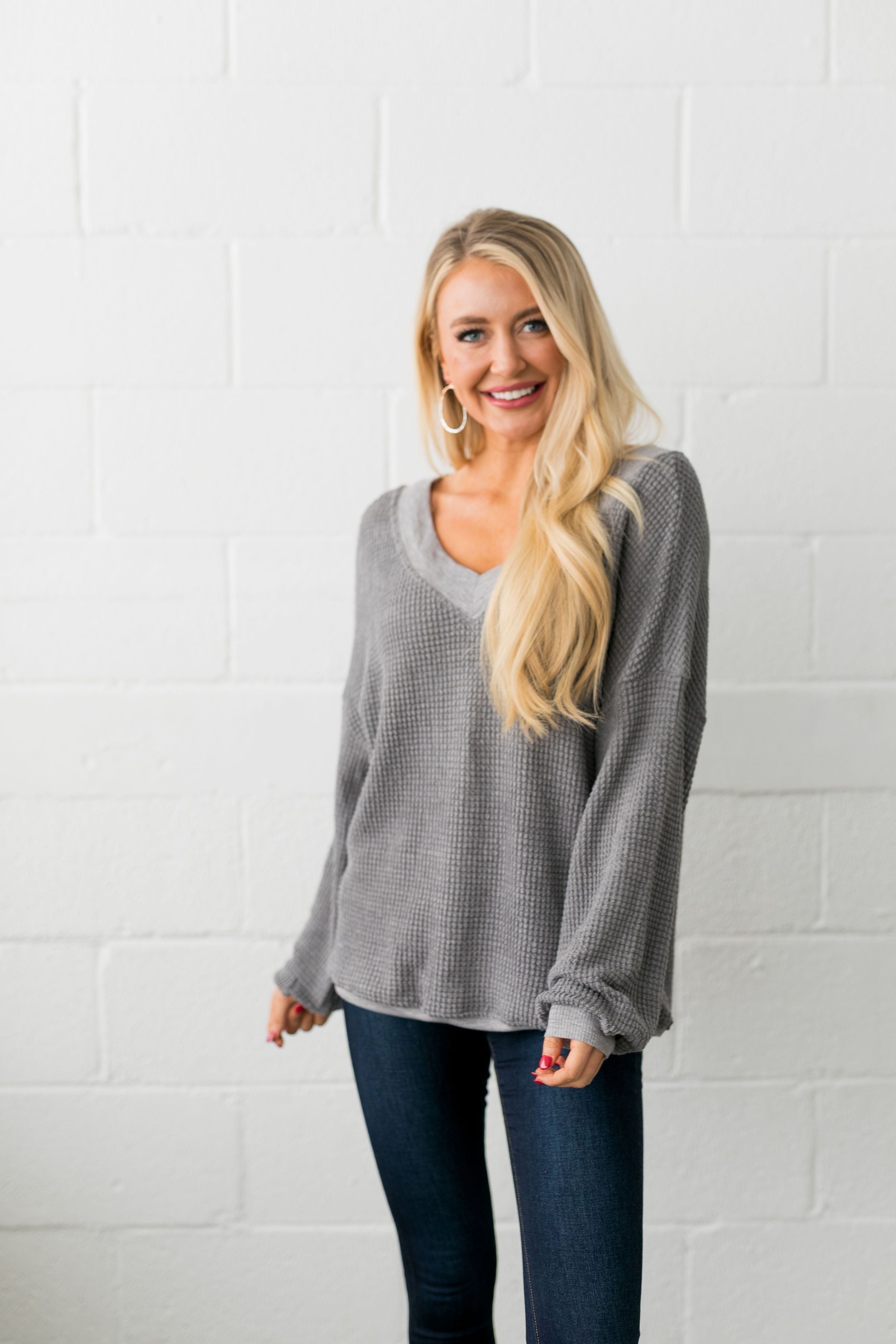 Double V Waffle Knit Top In Gray - ALL SALES FINAL