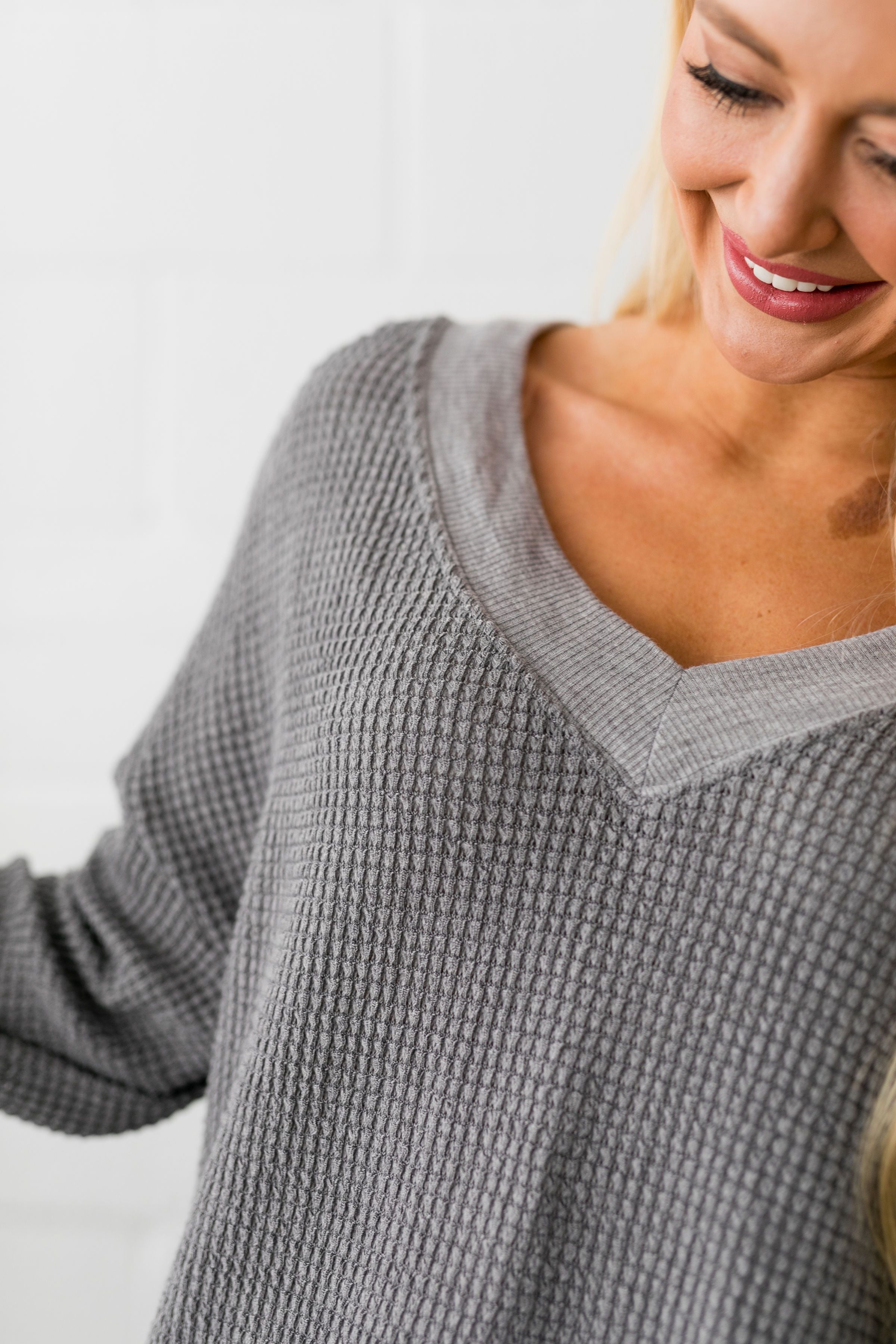 Double V Waffle Knit Top In Gray - ALL SALES FINAL