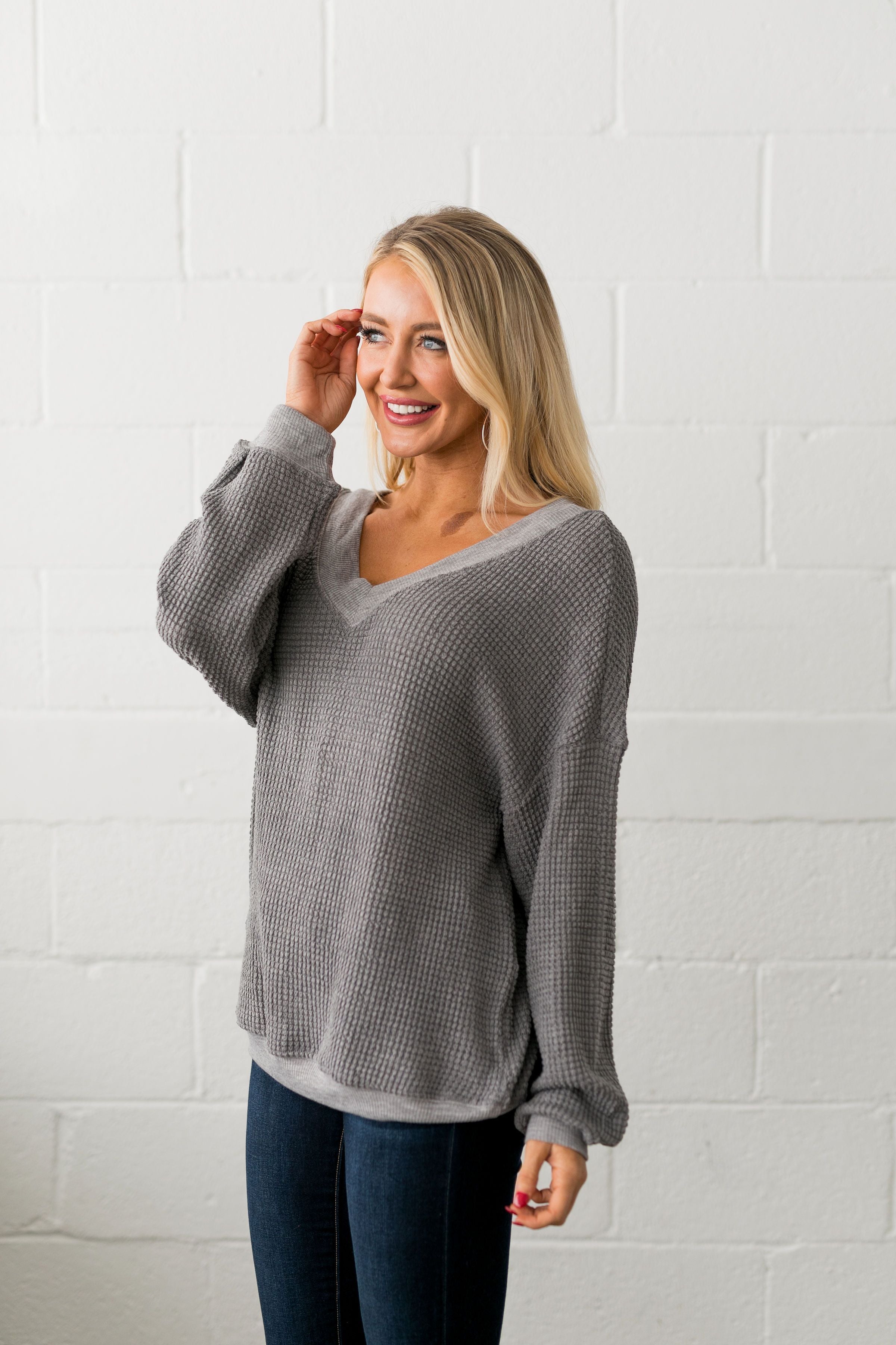 Double V Waffle Knit Top In Gray - ALL SALES FINAL