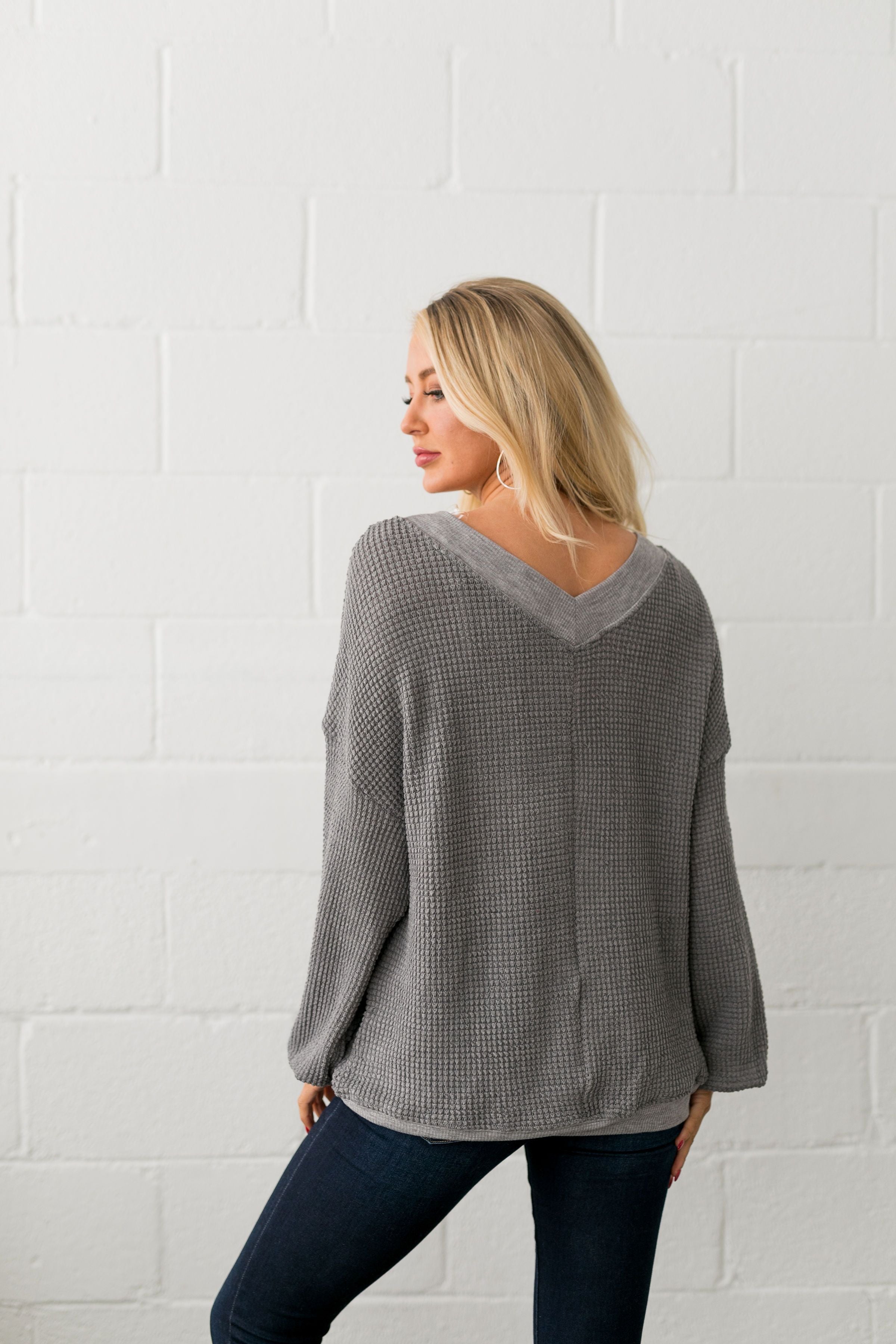 Double V Waffle Knit Top In Gray - ALL SALES FINAL