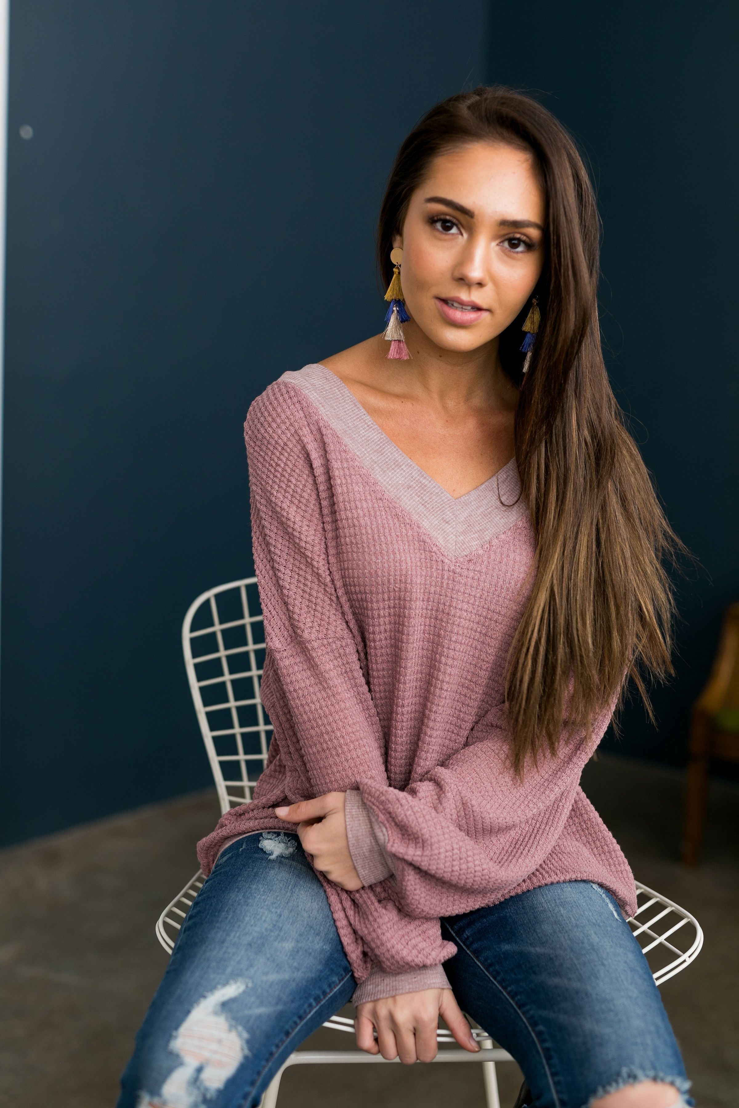 Double V Waffle Knit Top In Mauve - ALL SALES FINAL