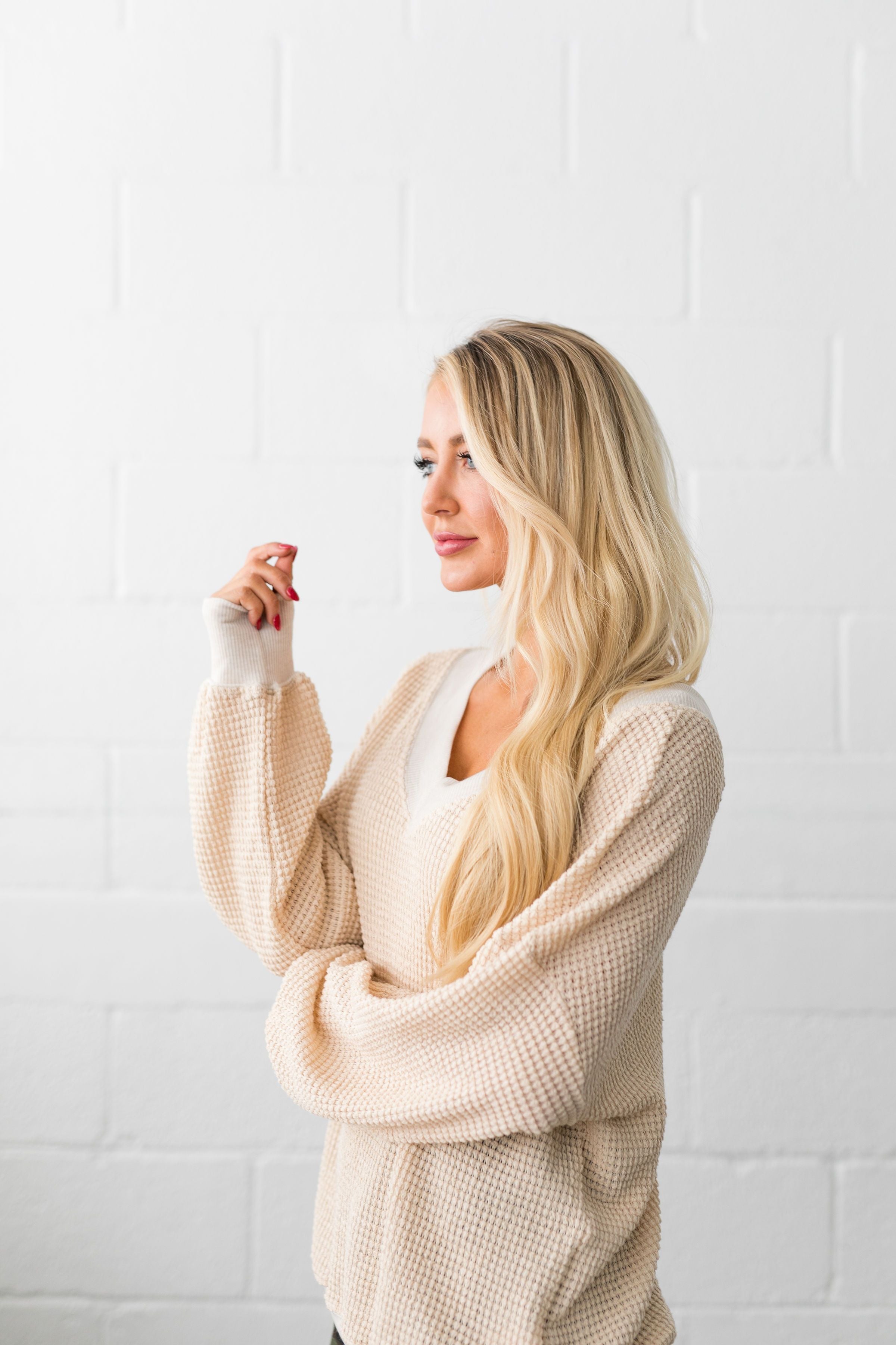 Double V Waffle Knit Top In Natural