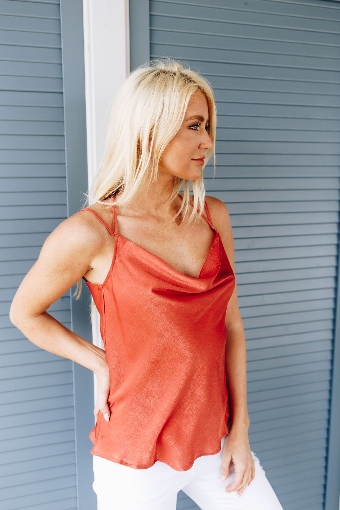 Draped Neck Satin Cami In Rust