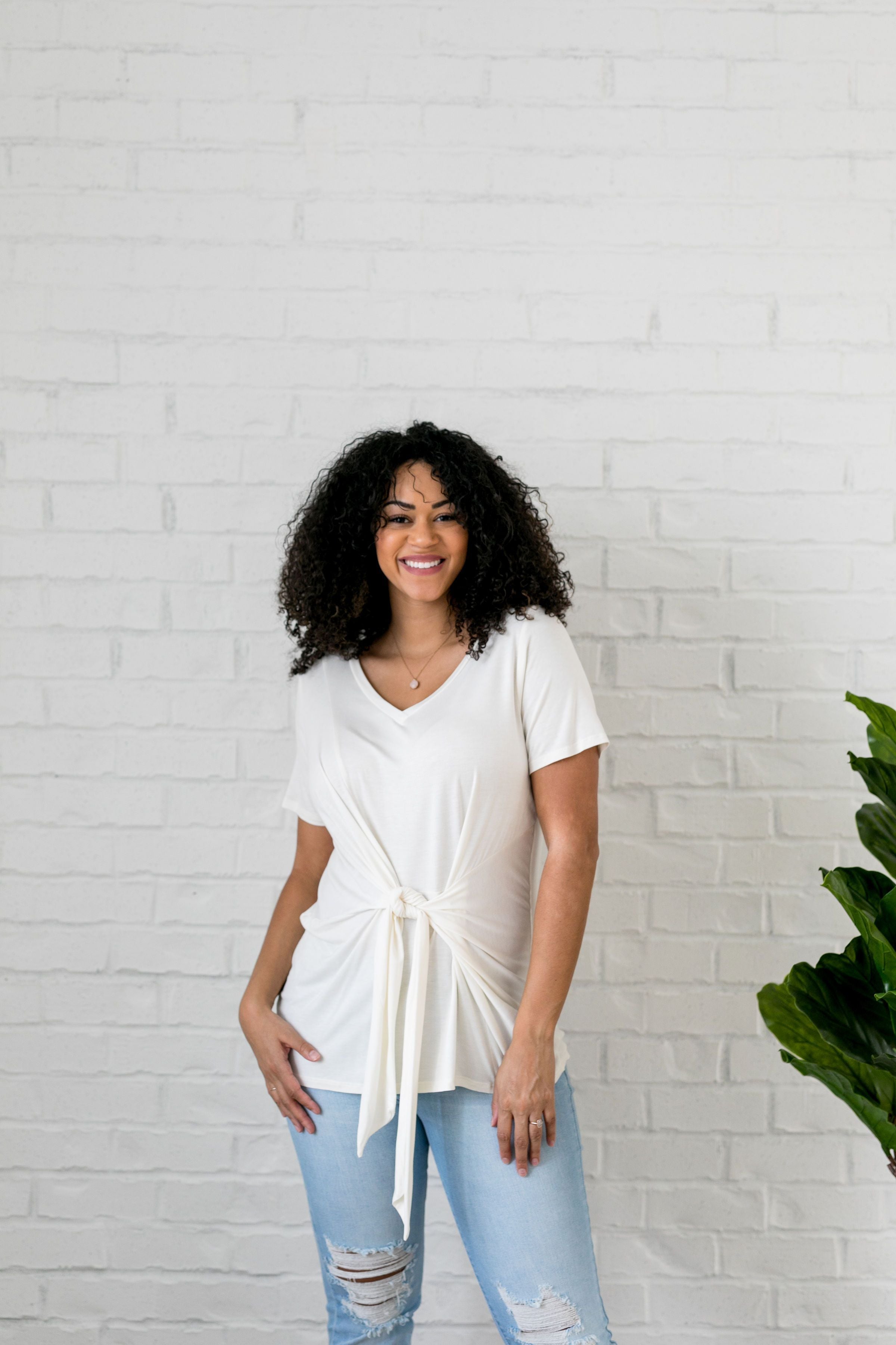 Draped Tie Front Top In Ivory - ALL SALES FINAL