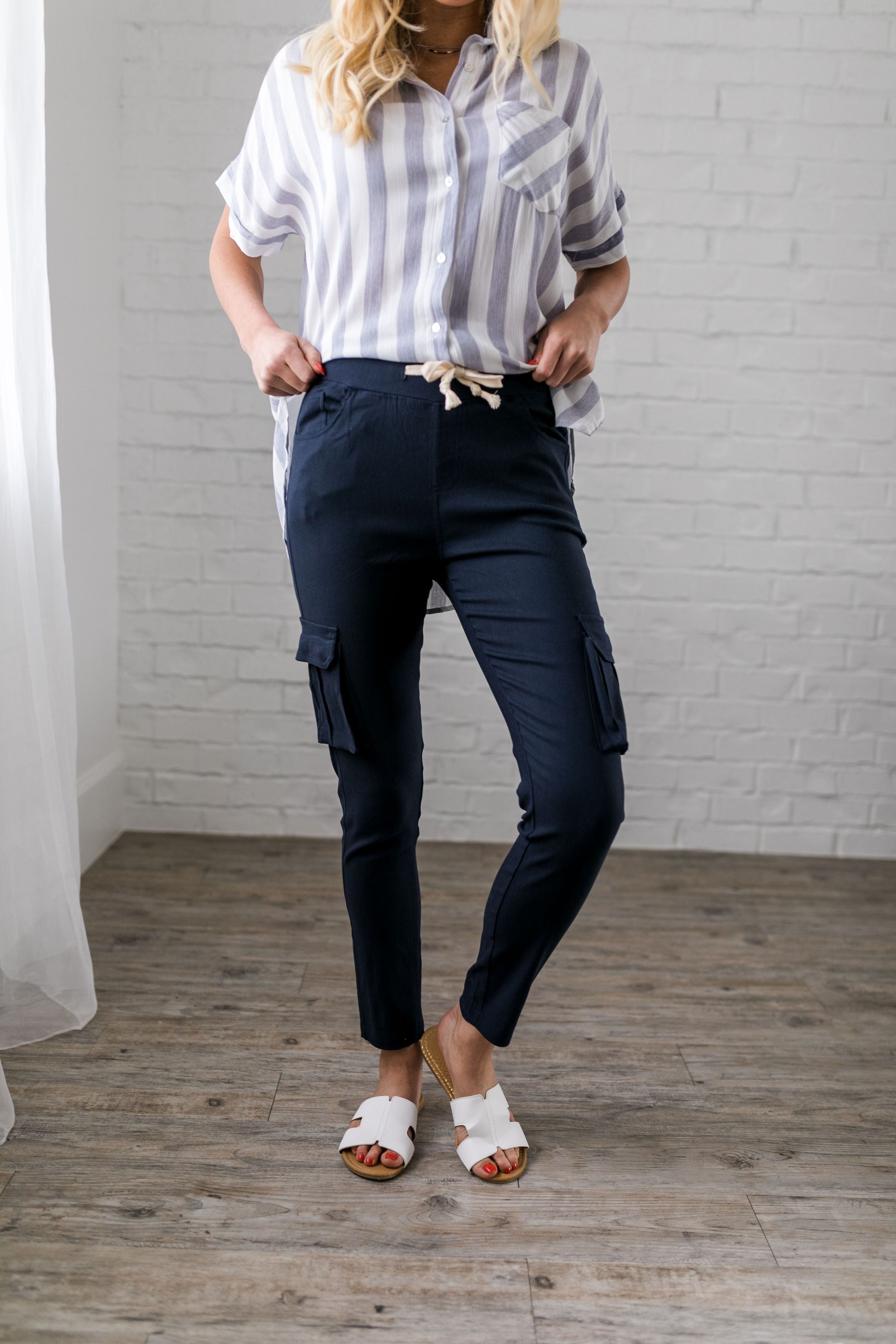 Drawstring Cargo Pants In Navy