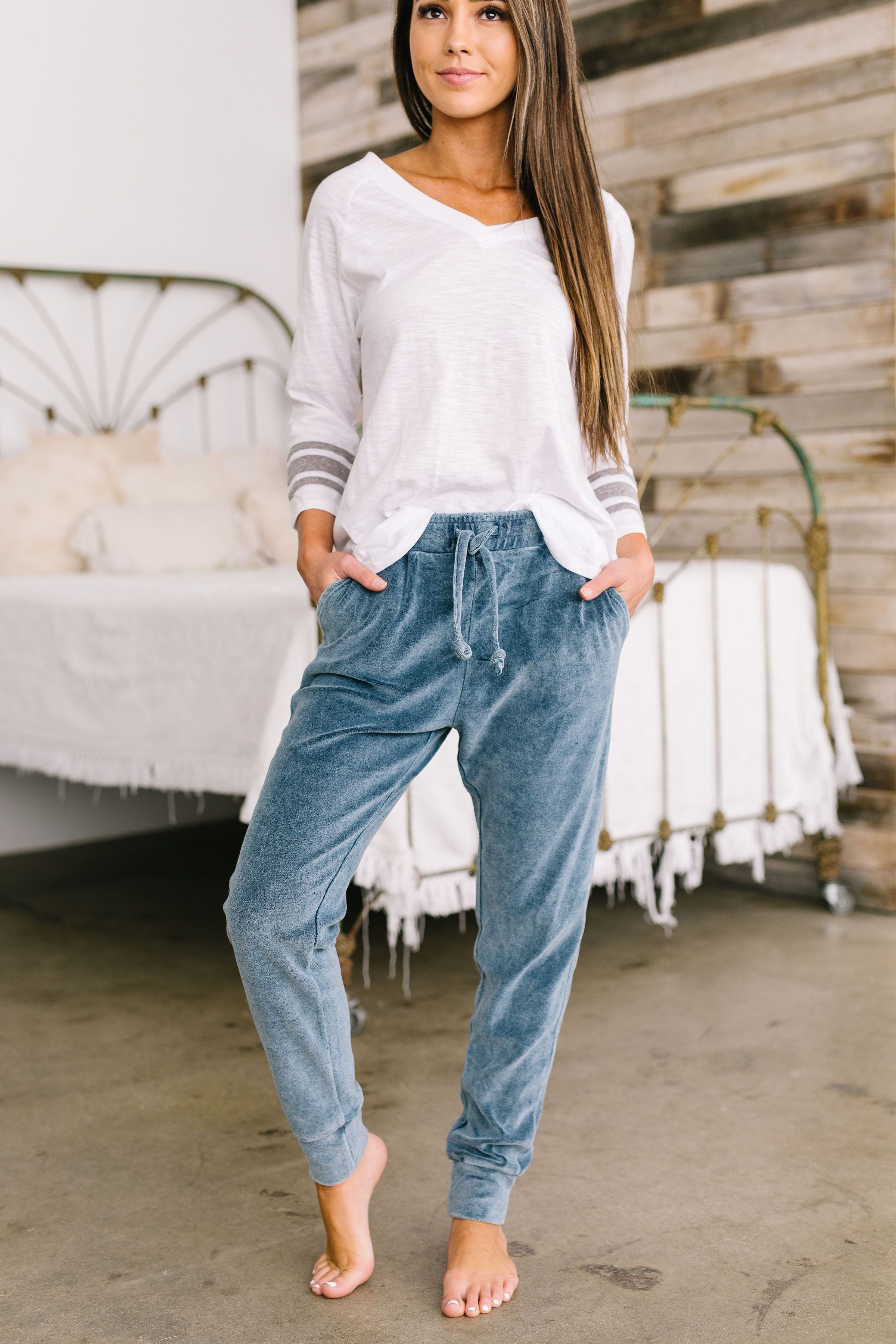 Easy Like Sunday Morning Velour Joggers in Blue