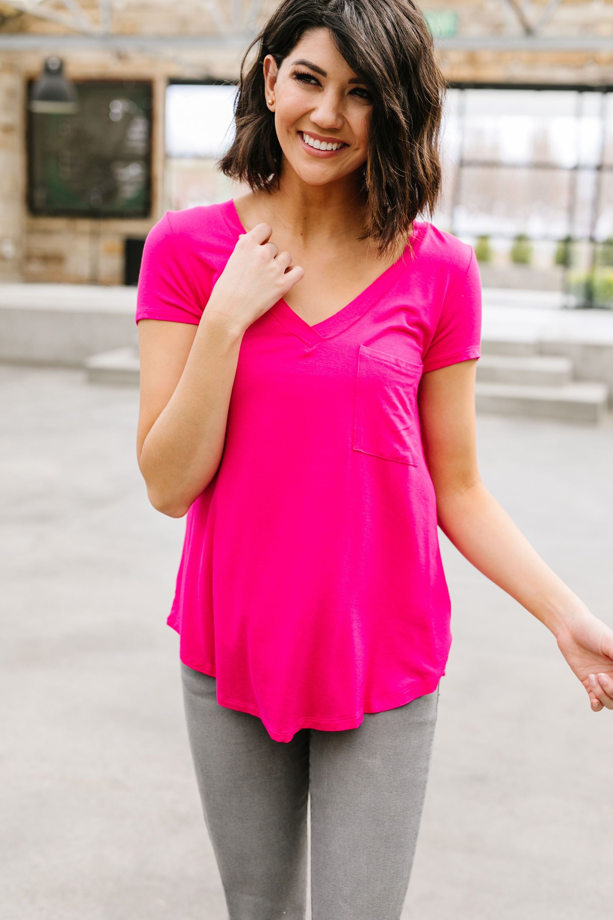 Everyday Yay V-Neck Tee In Fuchsia