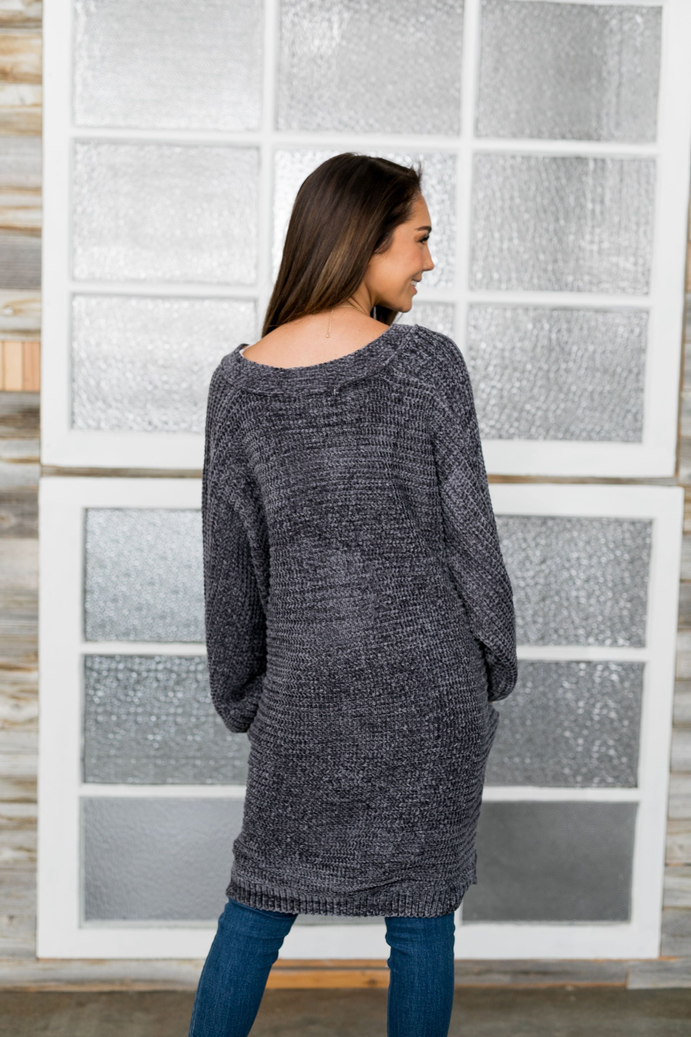 Faded Memories Chenille Cardigan In Charcoal - ALL SALES FINAL