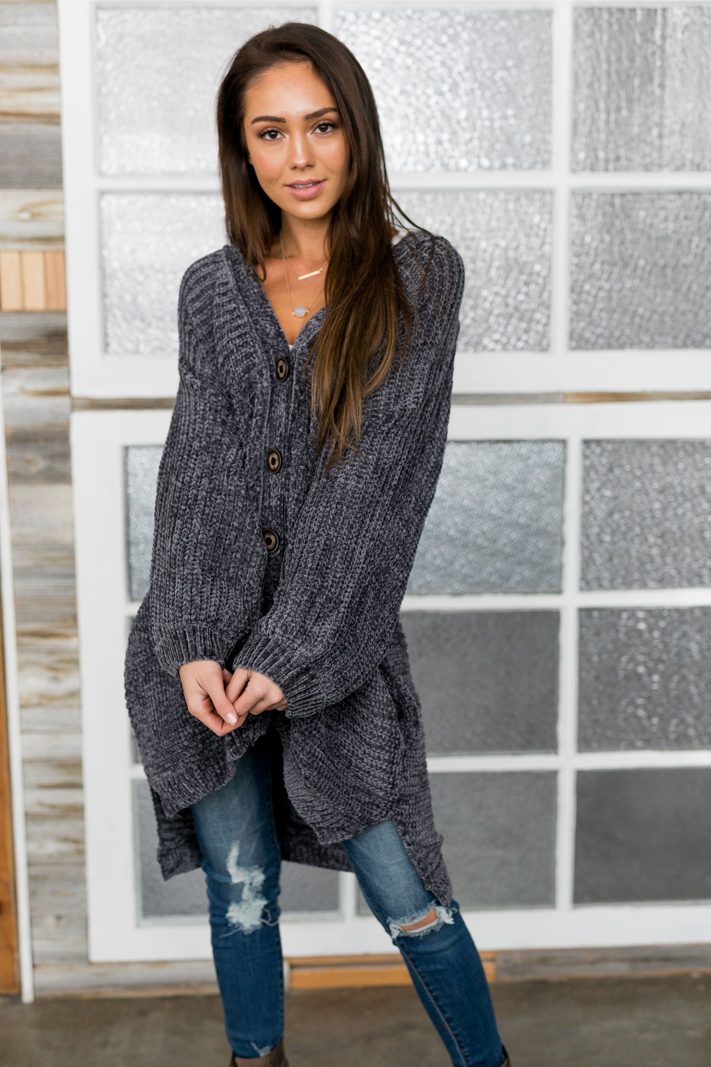 Faded Memories Chenille Cardigan In Charcoal - ALL SALES FINAL