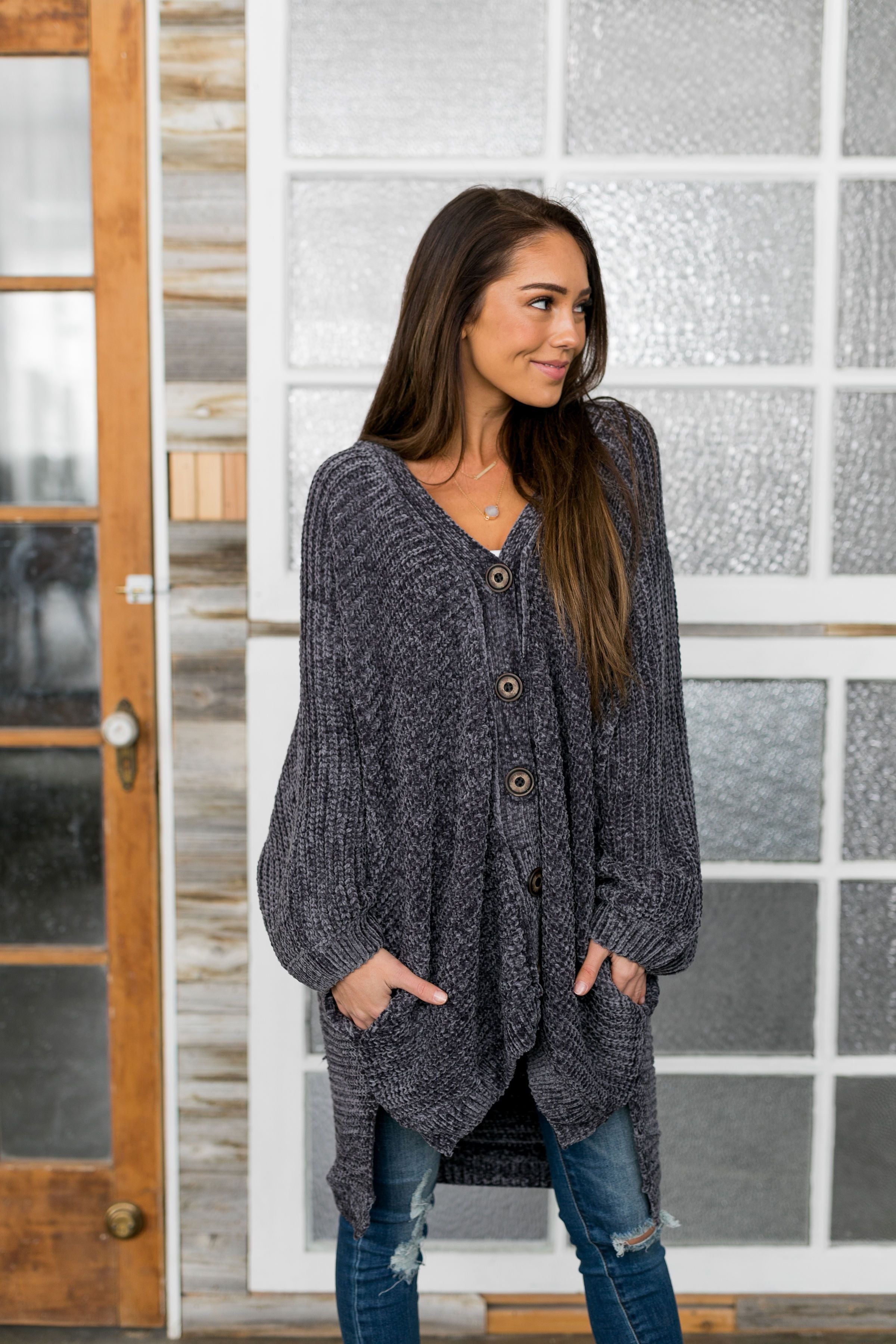 Faded Memories Chenille Cardigan In Charcoal - ALL SALES FINAL