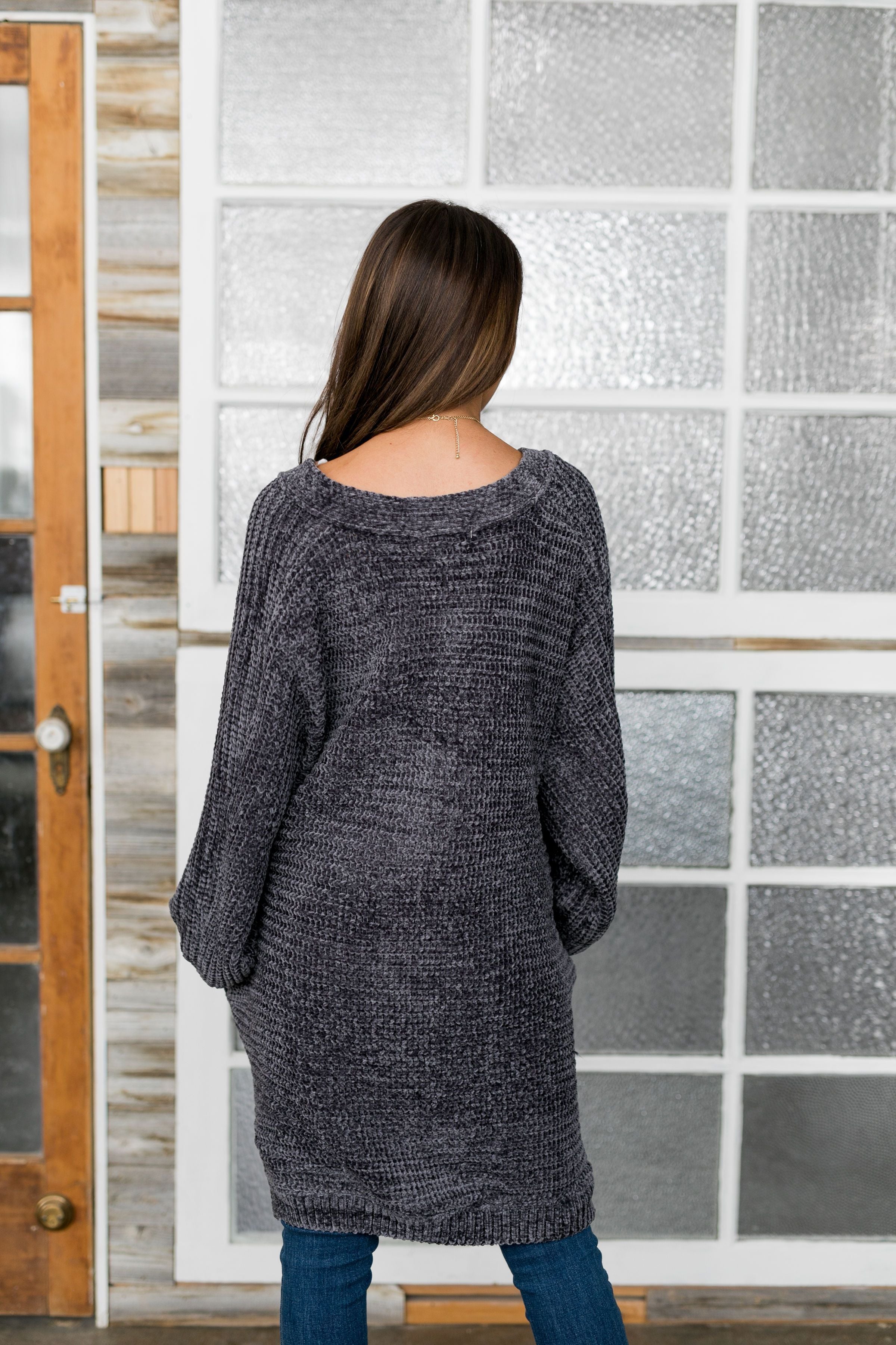 Faded Memories Chenille Cardigan In Charcoal - ALL SALES FINAL