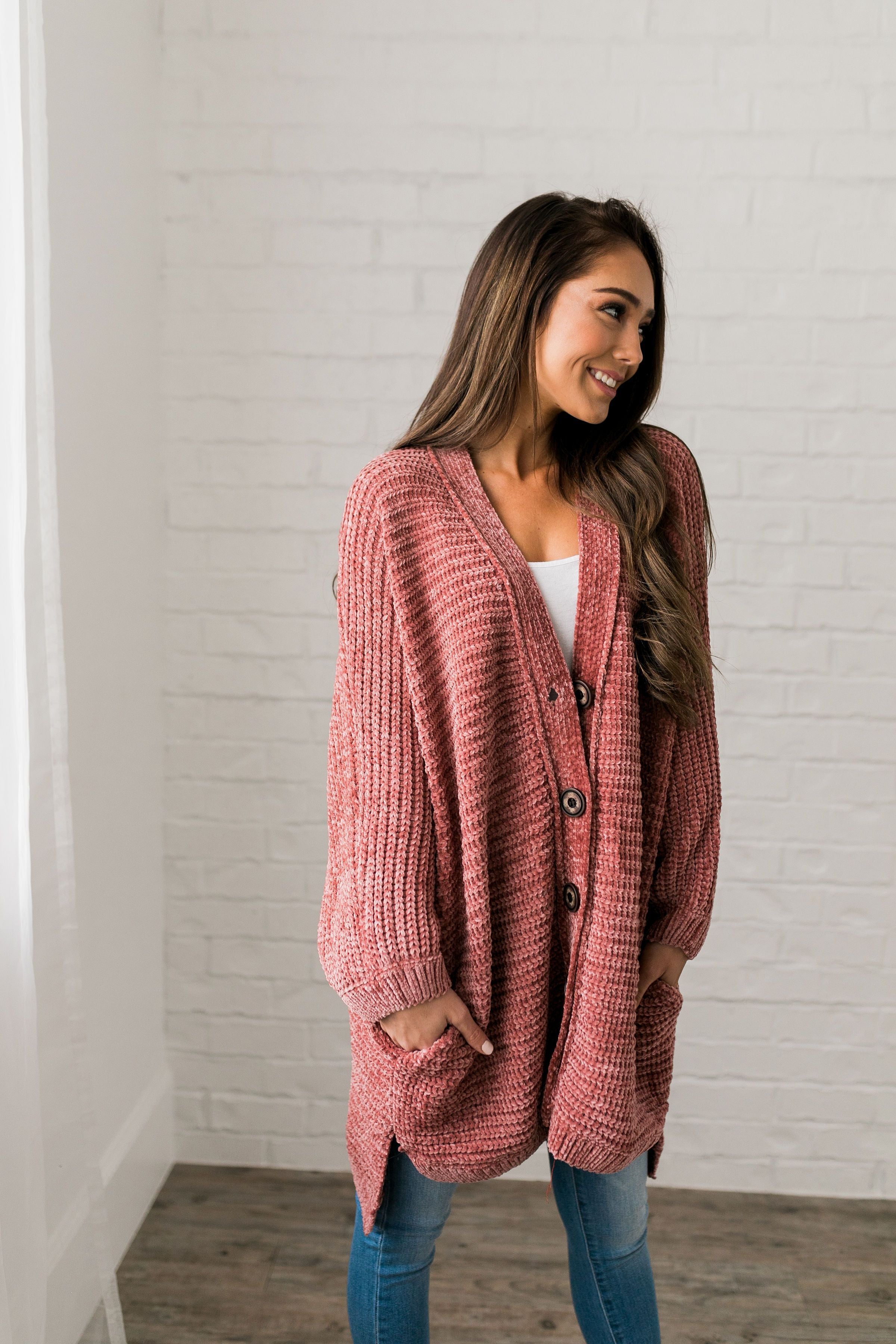 Faded Memories Chenille Cardigan In Mauve