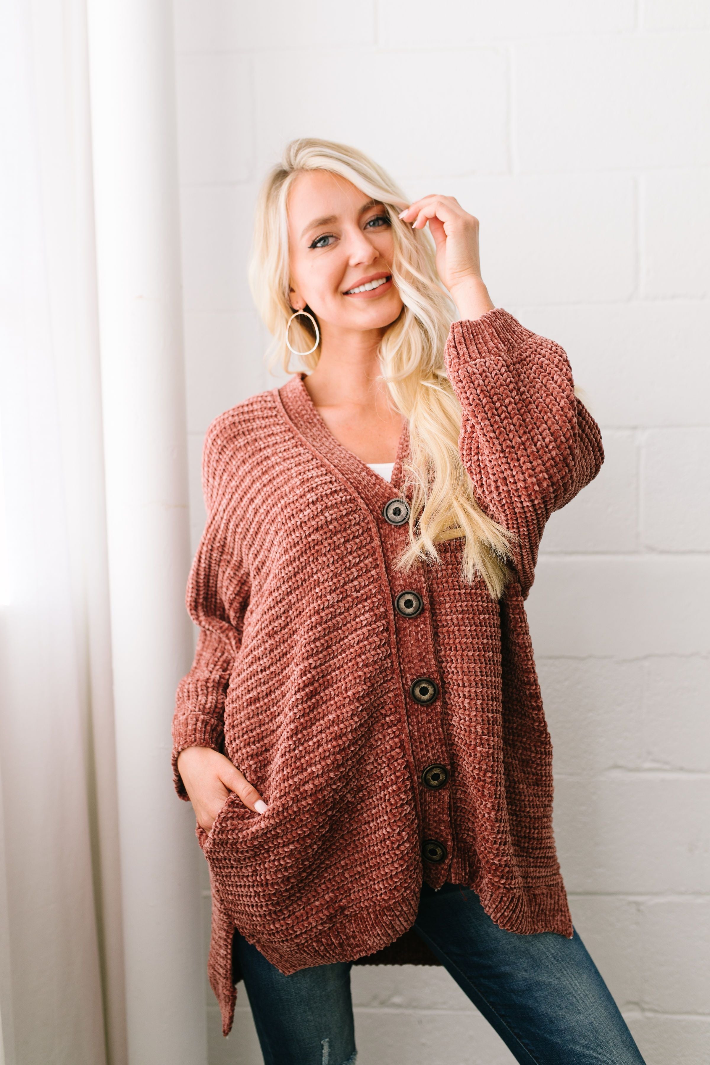 Faded Memories Chenille Cardigan In Rust