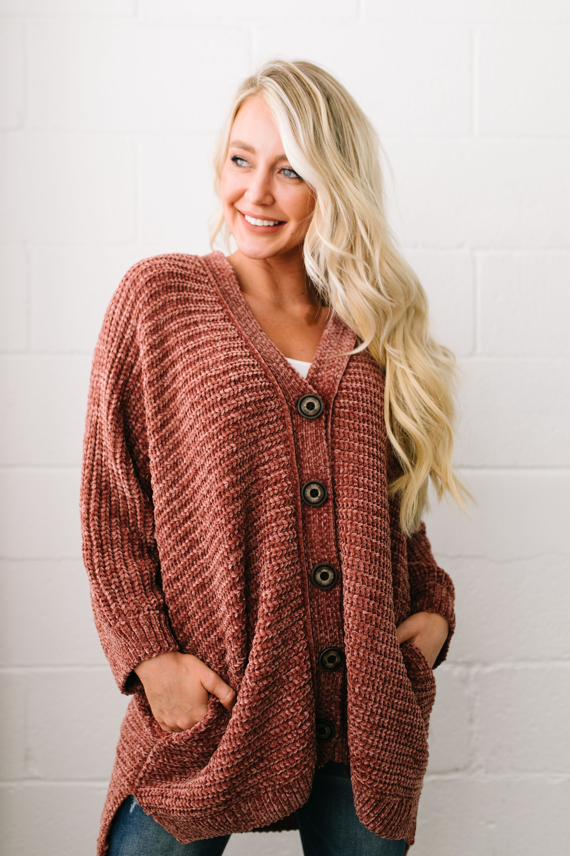 Faded Memories Chenille Cardigan In Rust