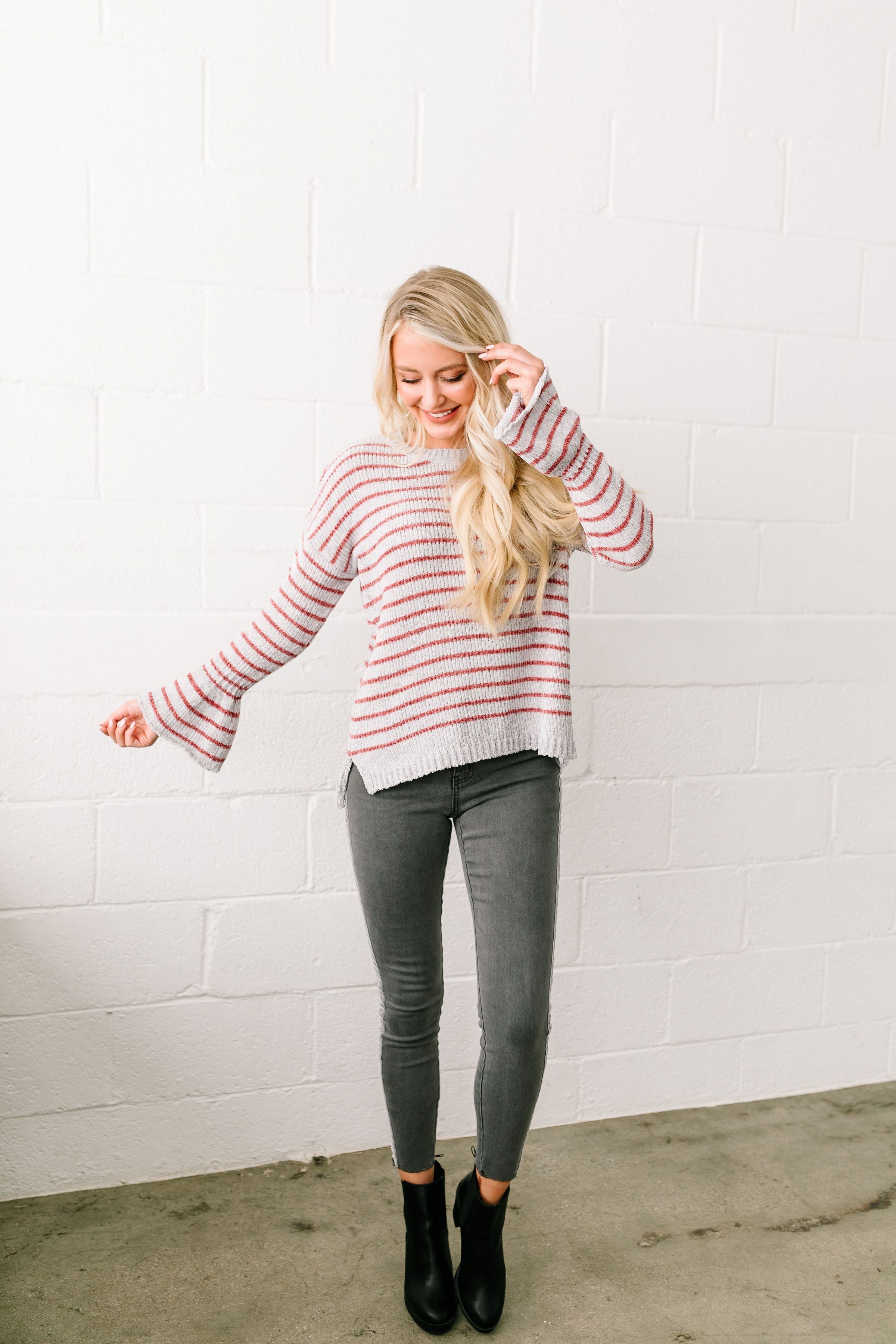 Faded Not Forgotten Striped Sweater In Silver - ALL SALES FINAL