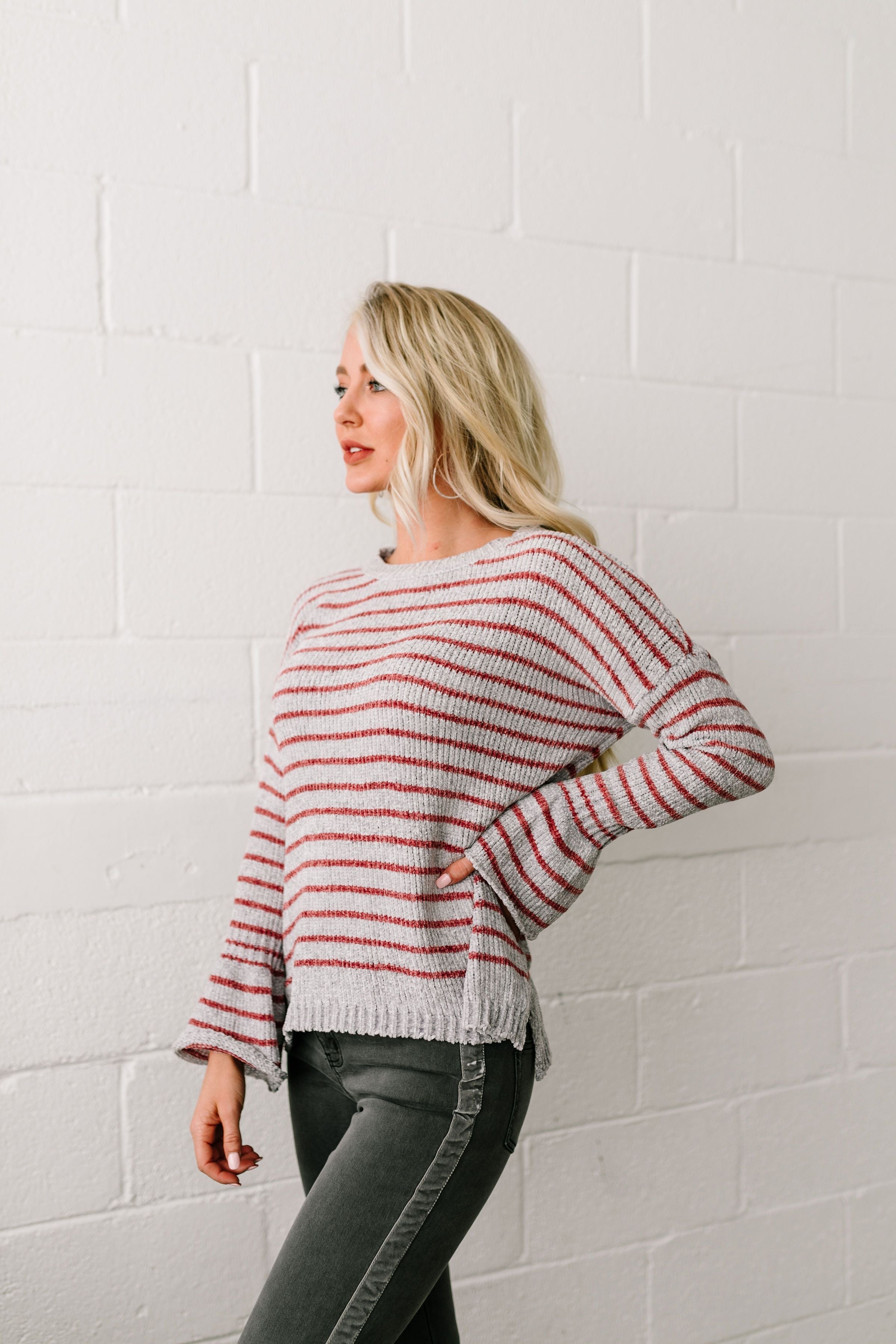 Faded Not Forgotten Striped Sweater In Silver - ALL SALES FINAL