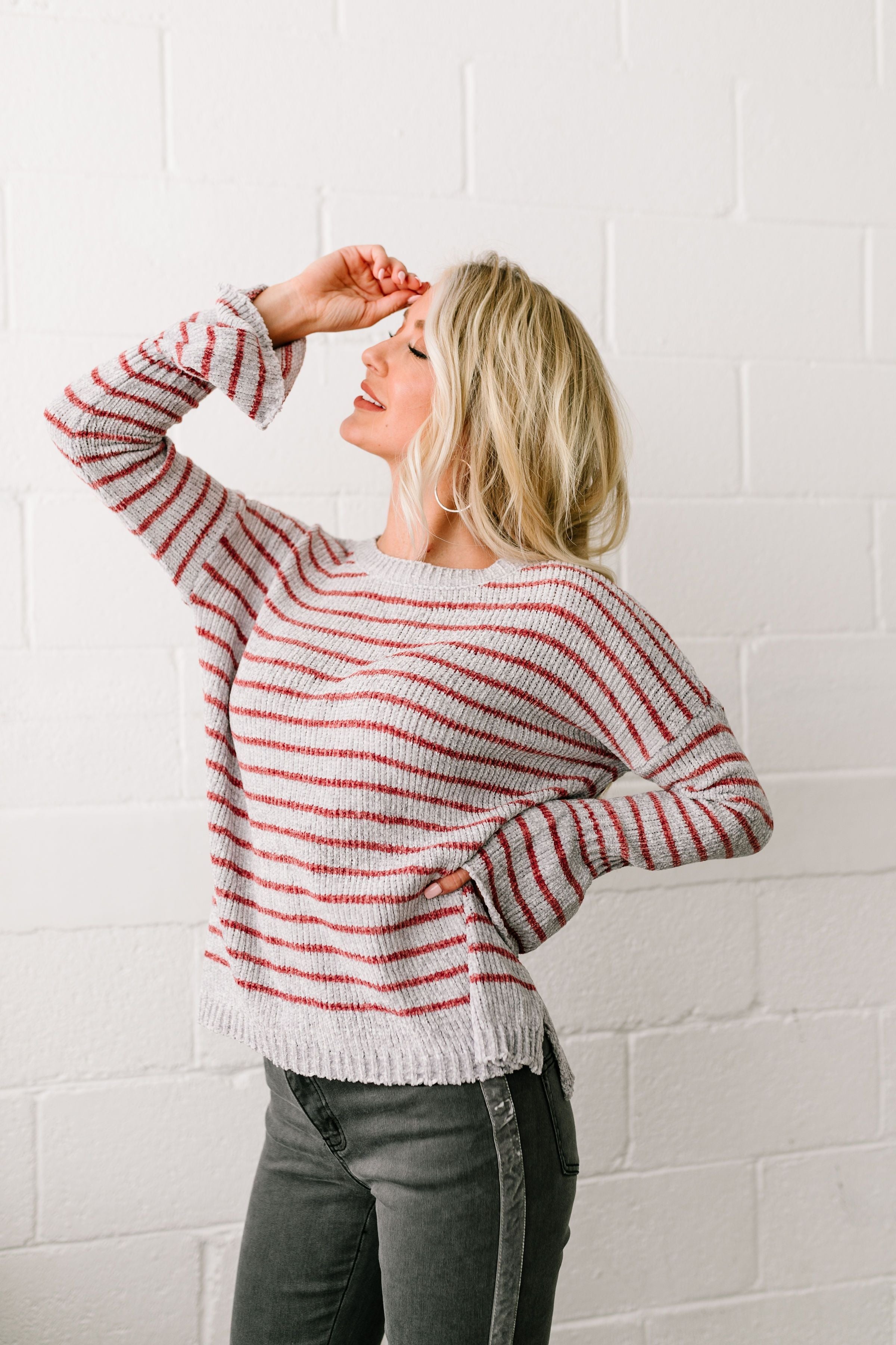 Faded Not Forgotten Striped Sweater In Silver - ALL SALES FINAL