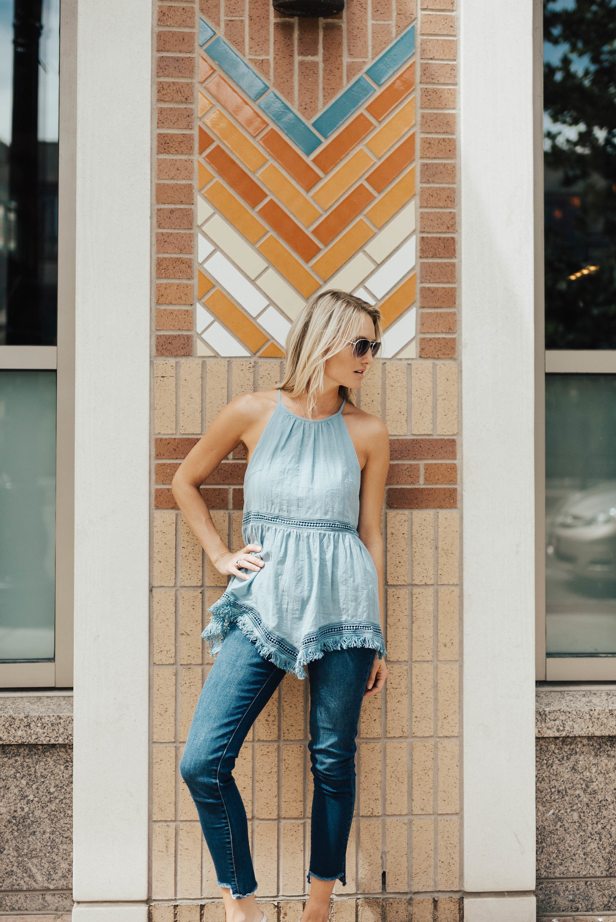 Felicity Fringe Halter In Dusty Teal