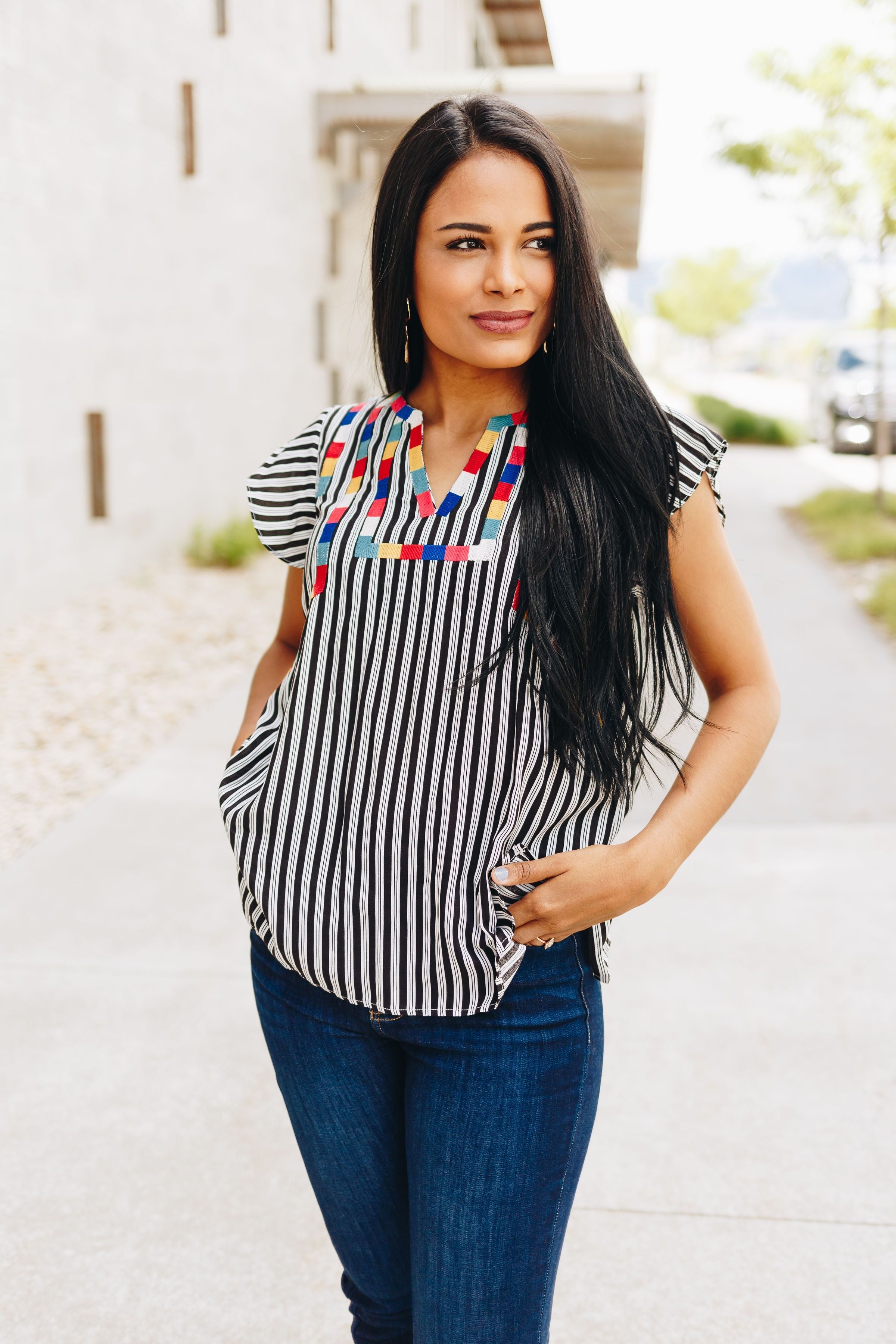 Fiesta Embroidered + Striped Blouse