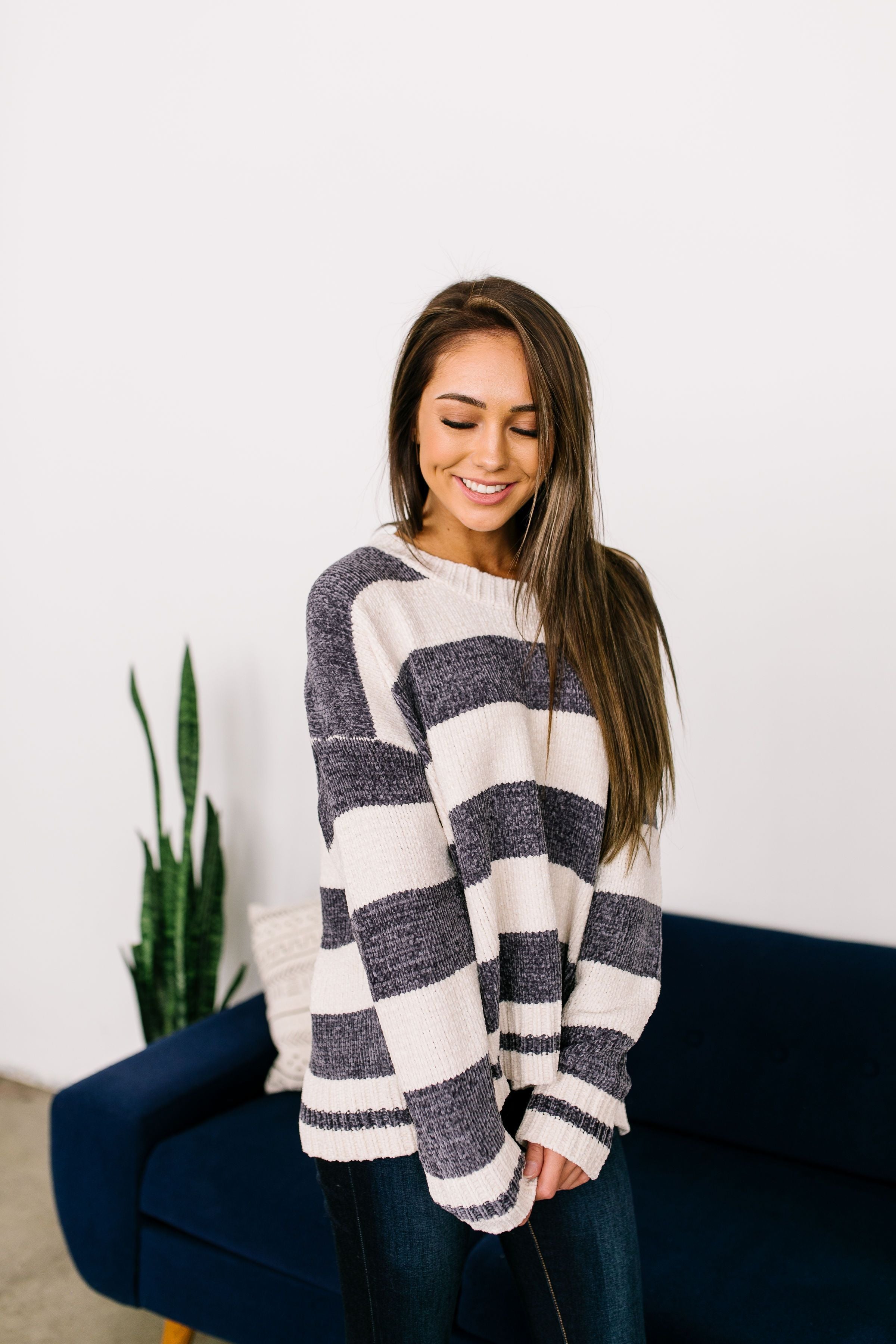 Flashback Friday Night Striped Sweater In Charcoal - ALL SALES FINAL