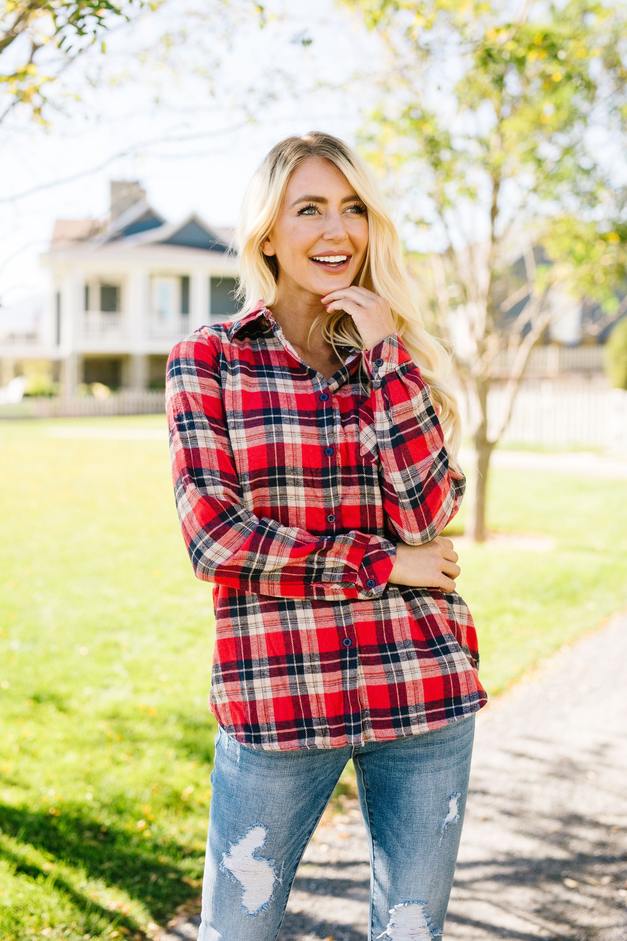 Fleece-Lined Flannel Button-Down In Red