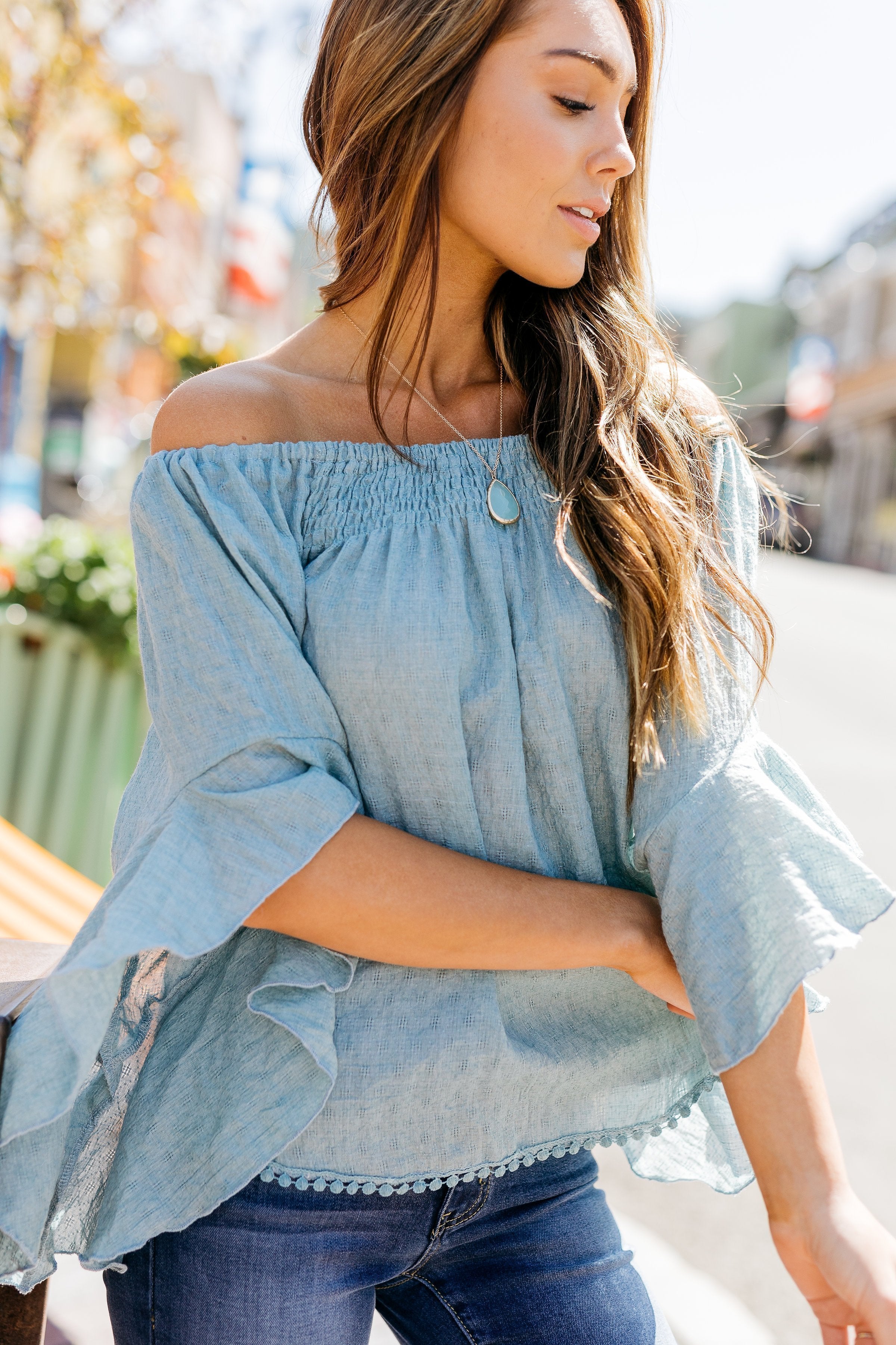 Flirty Flounce Top In Dusty Teal