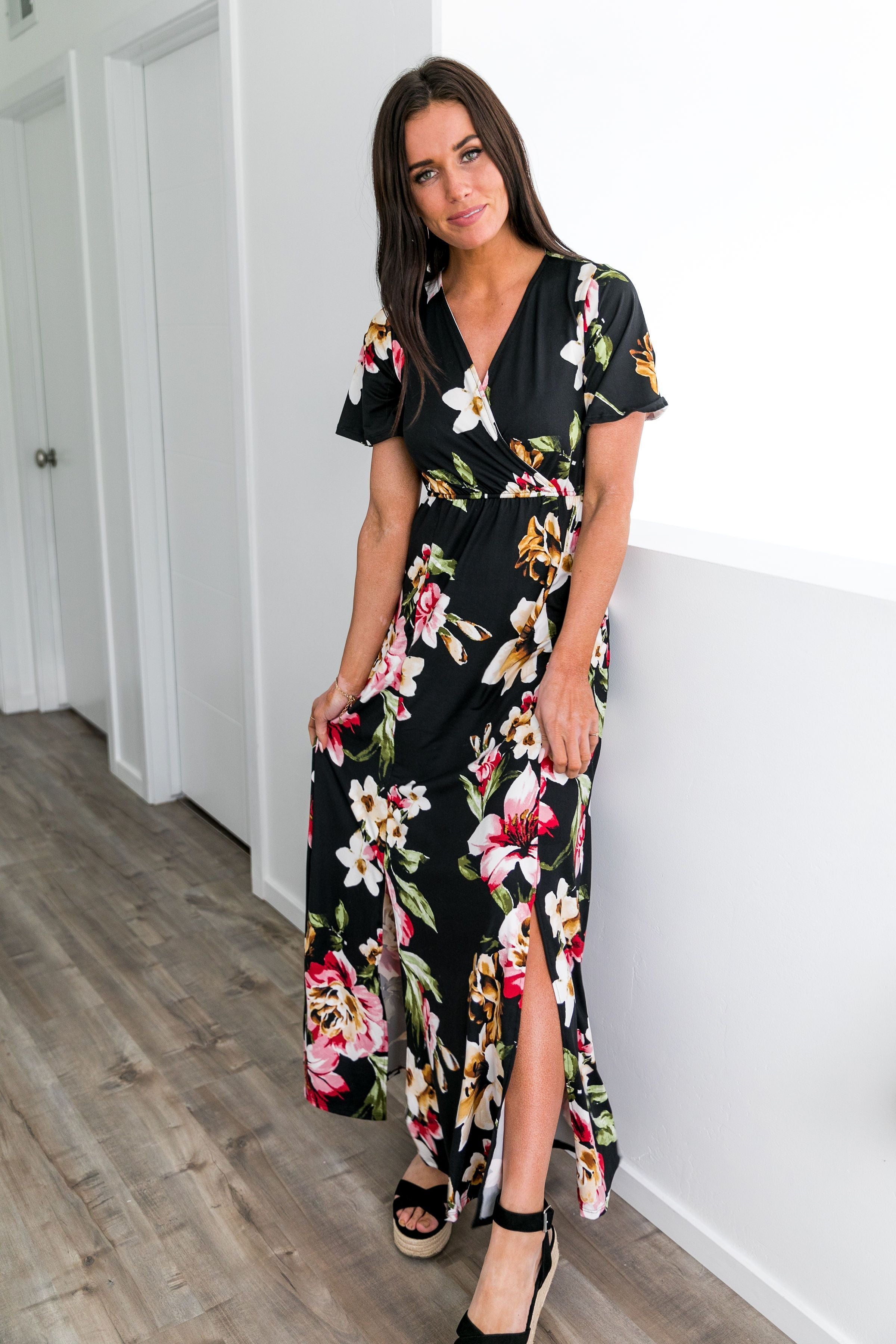 Floral Bouquet Maxi Dress In Black