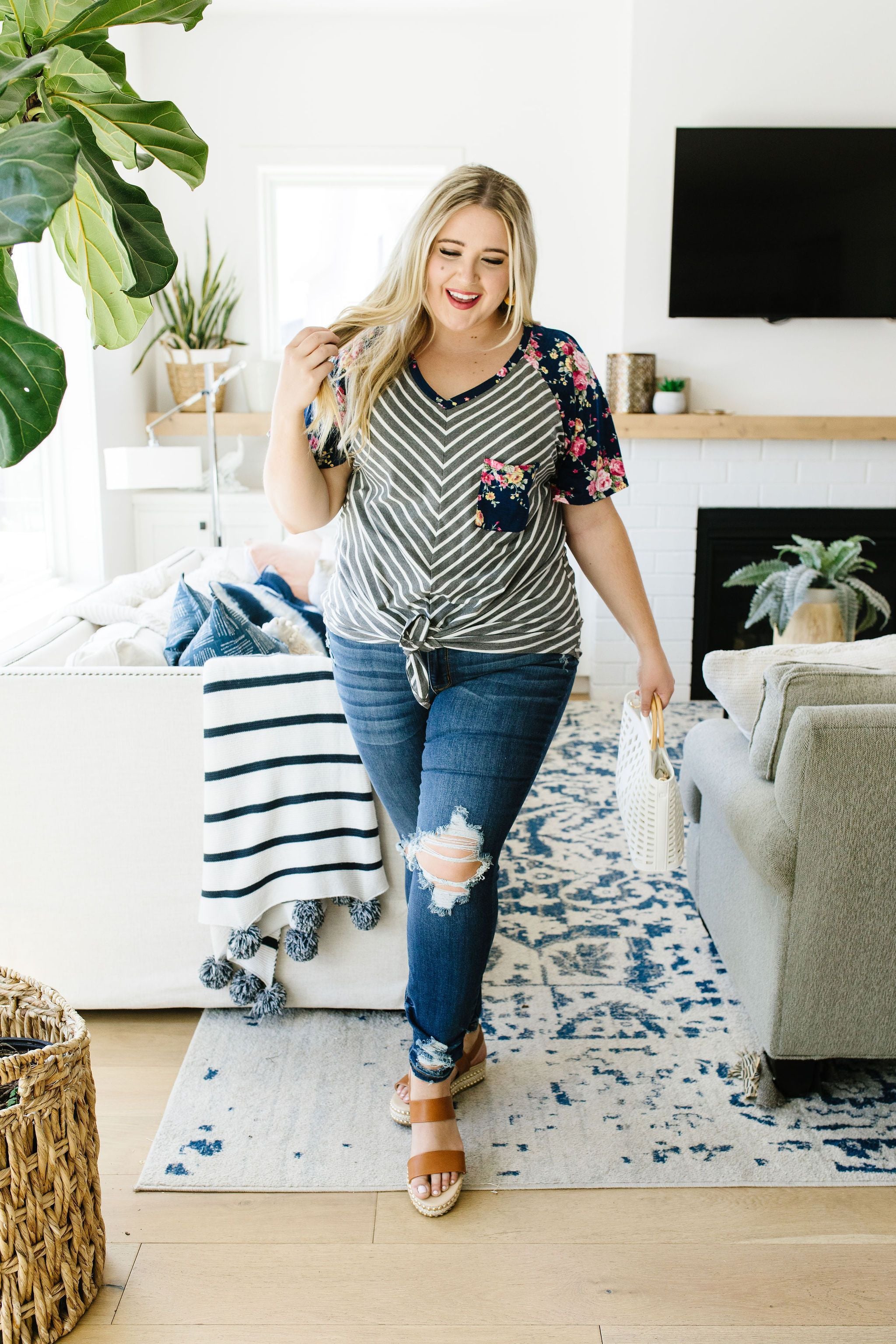 Flowers & Chevron Striped Top In Navy