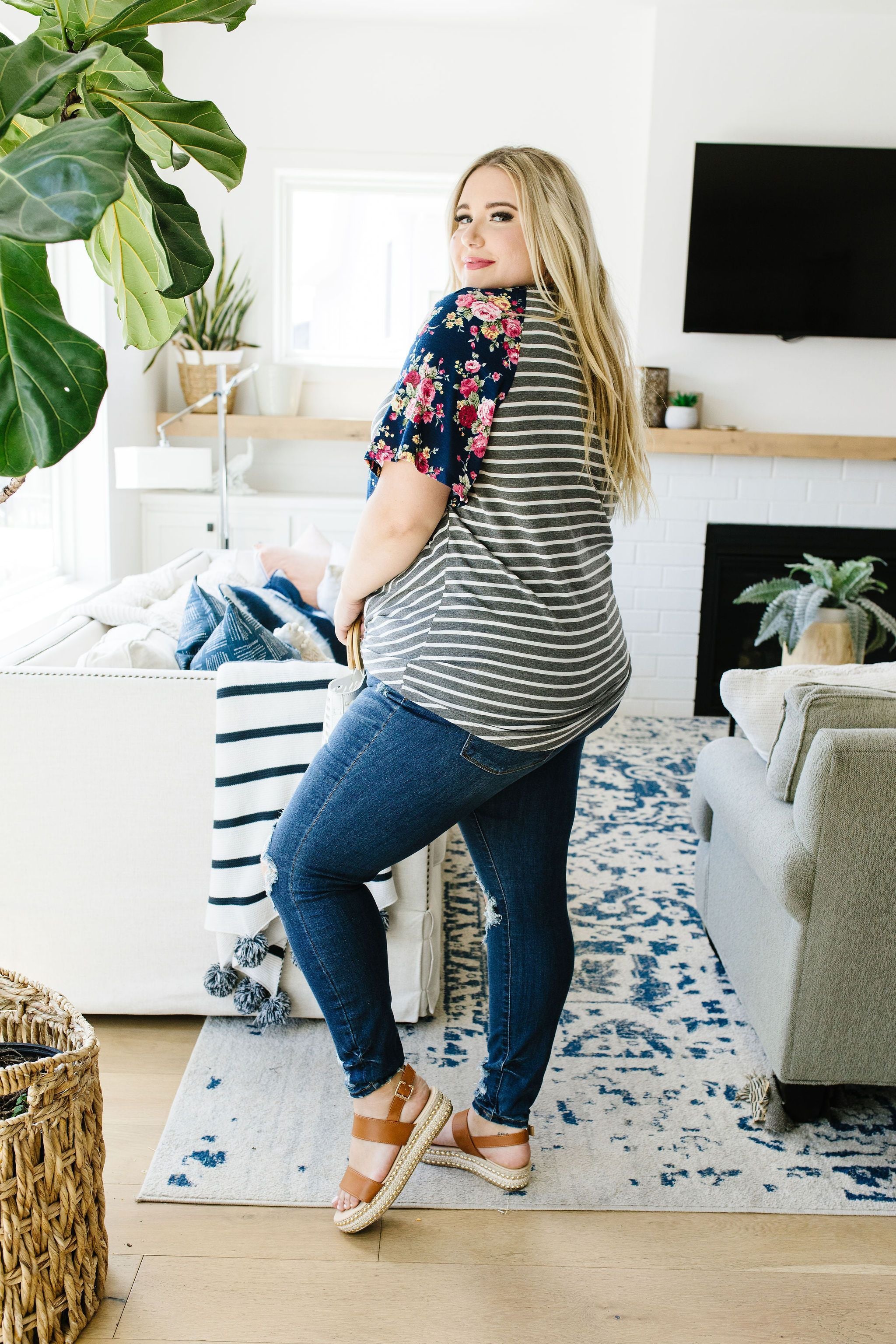 Flowers & Chevron Striped Top In Navy