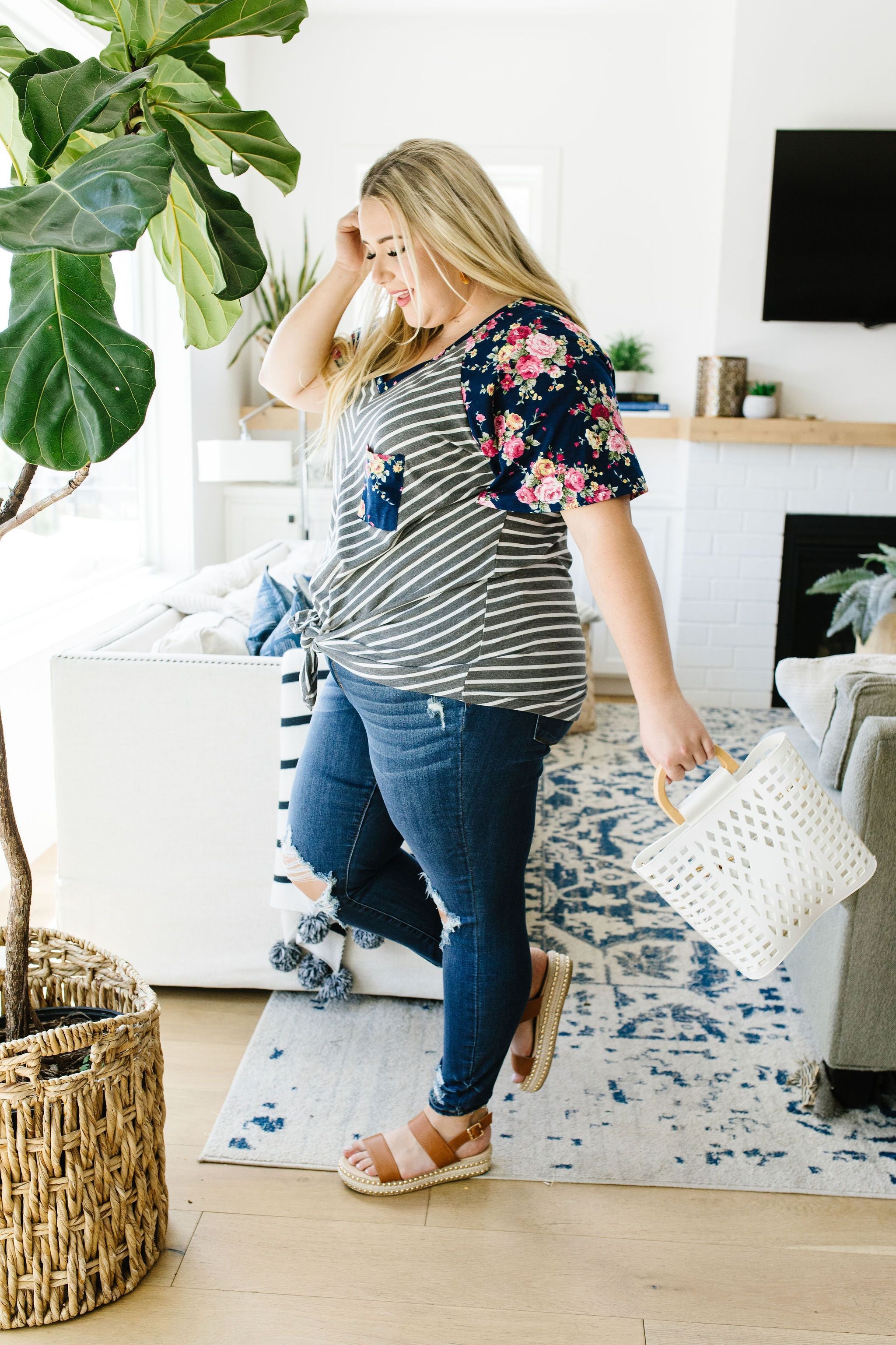 Flowers & Chevron Striped Top In Navy