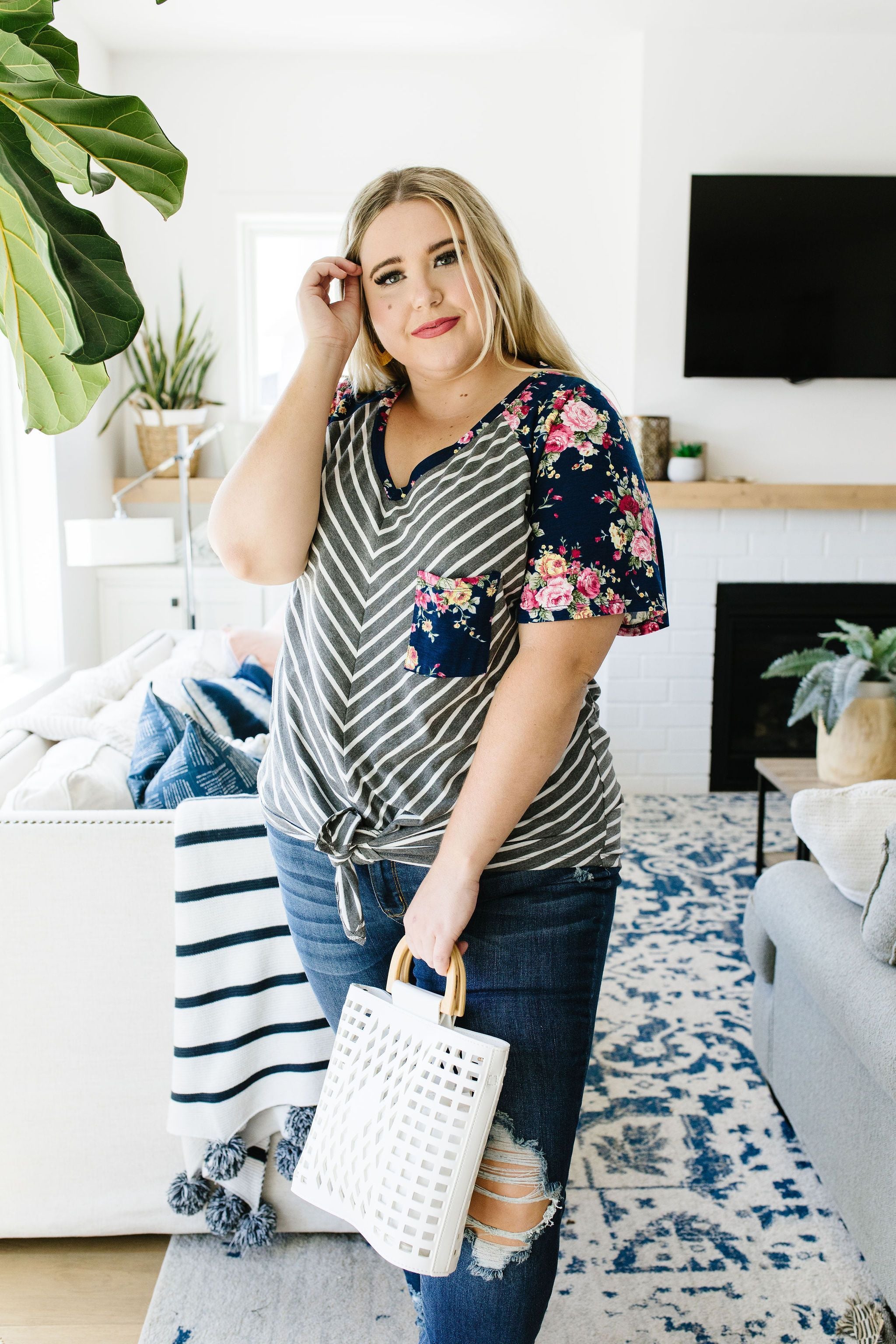 Flowers & Chevron Striped Top In Navy