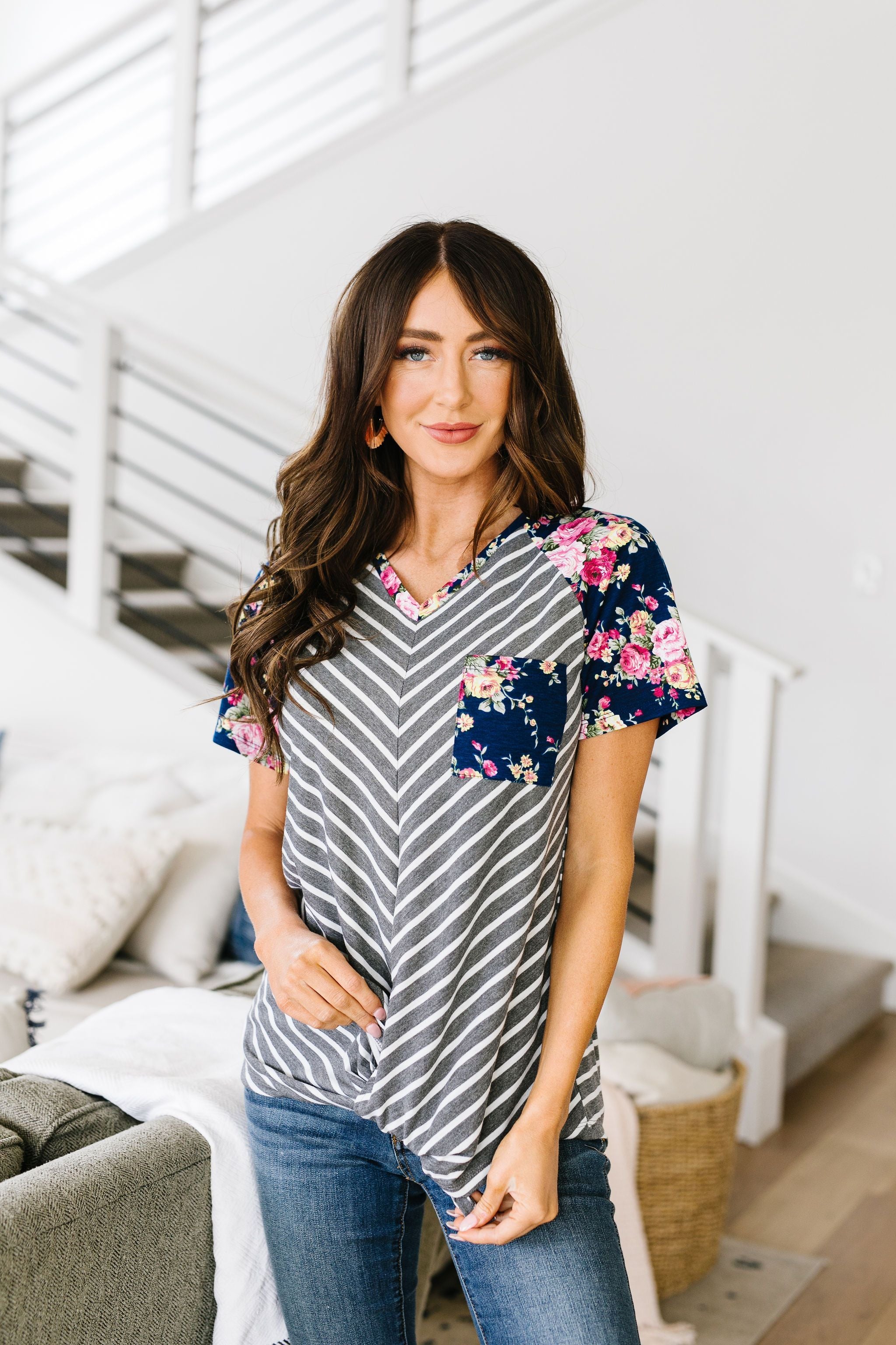 Flowers & Chevron Striped Top In Navy