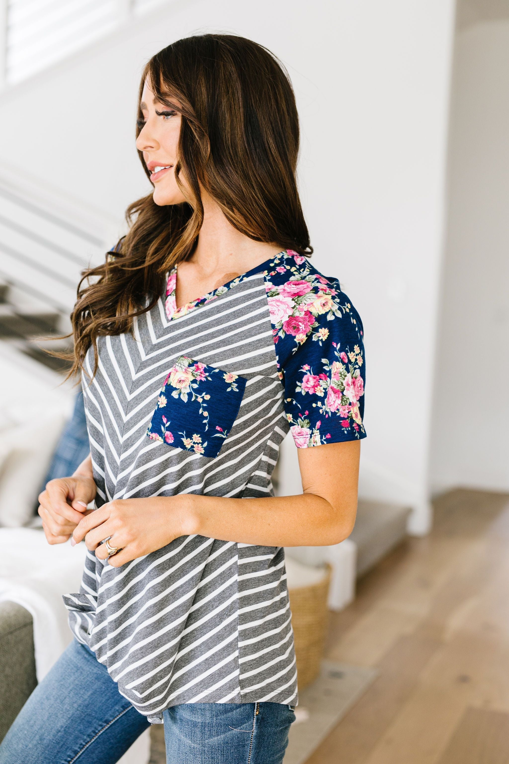 Flowers & Chevron Striped Top In Navy