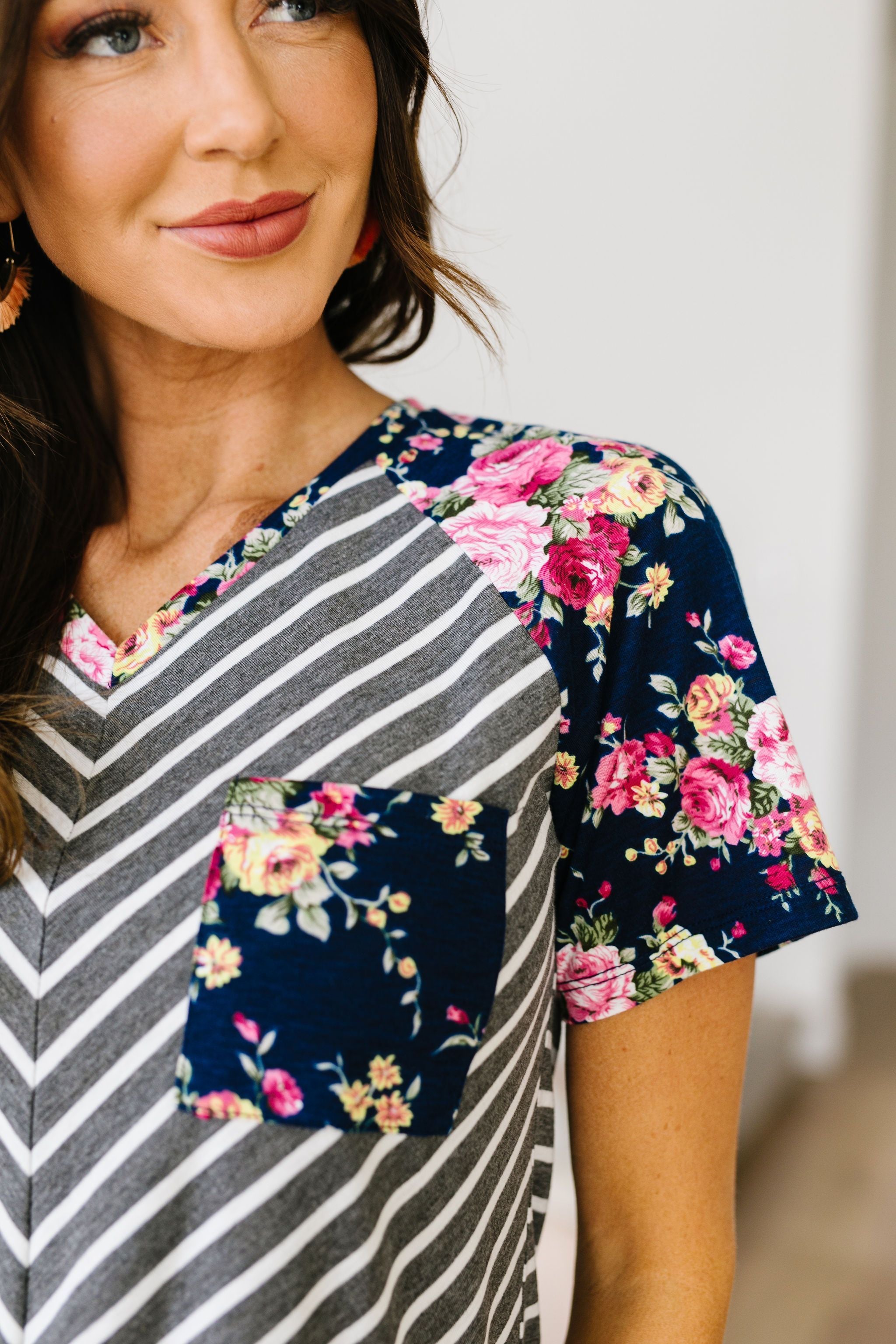 Flowers & Chevron Striped Top In Navy