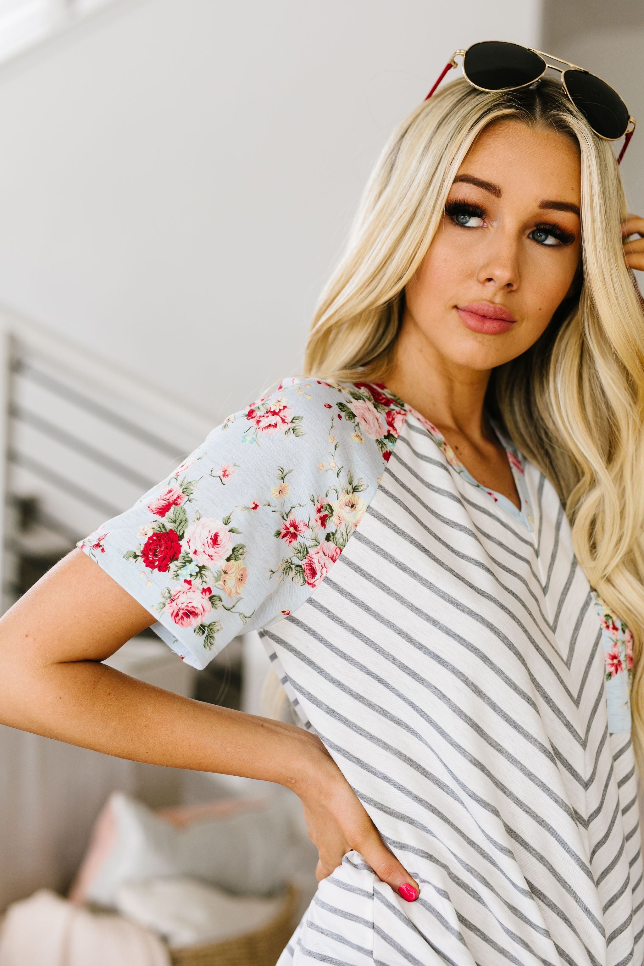 Flowers & Chevron Striped Top In Pale Blue