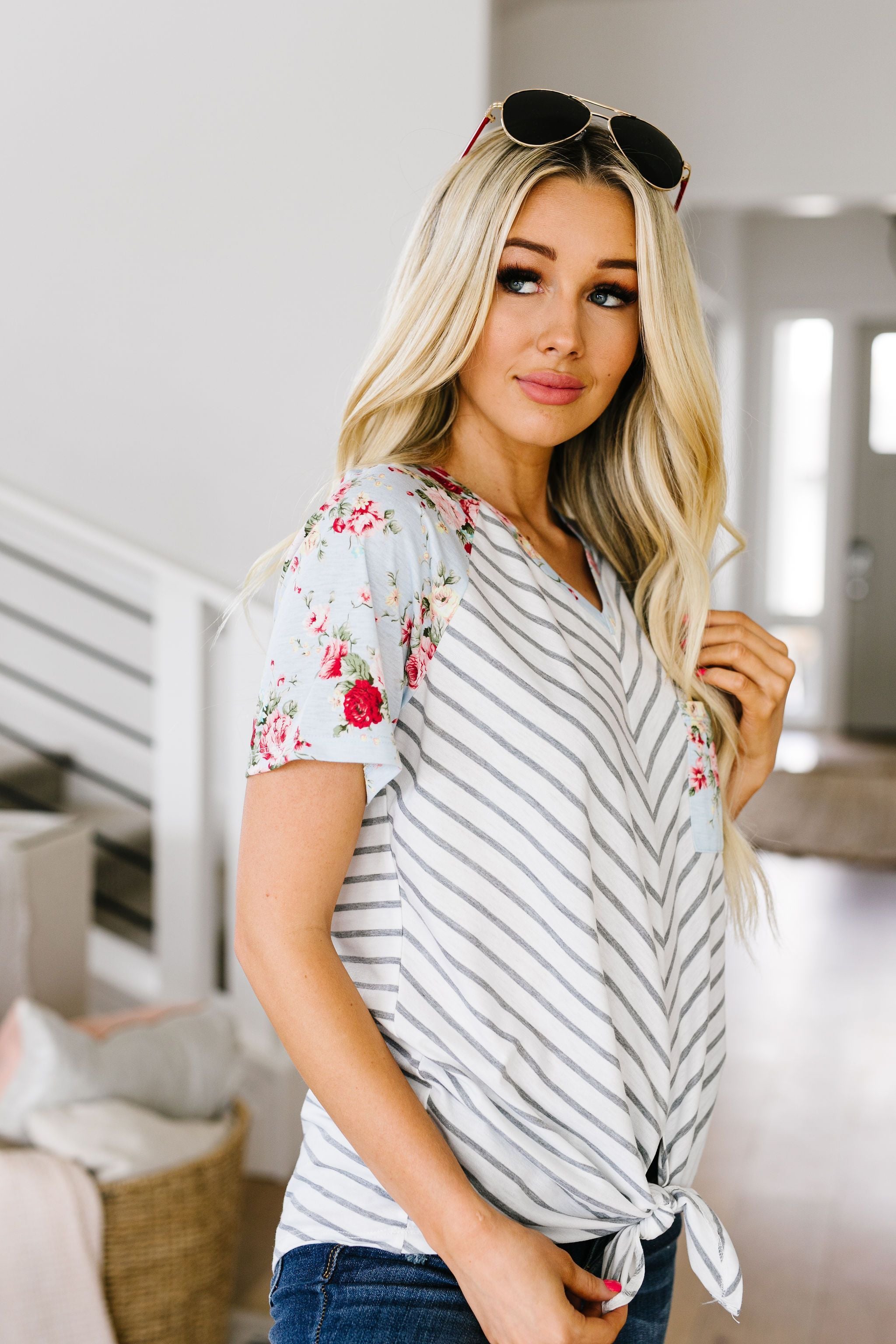 Flowers & Chevron Striped Top In Pale Blue