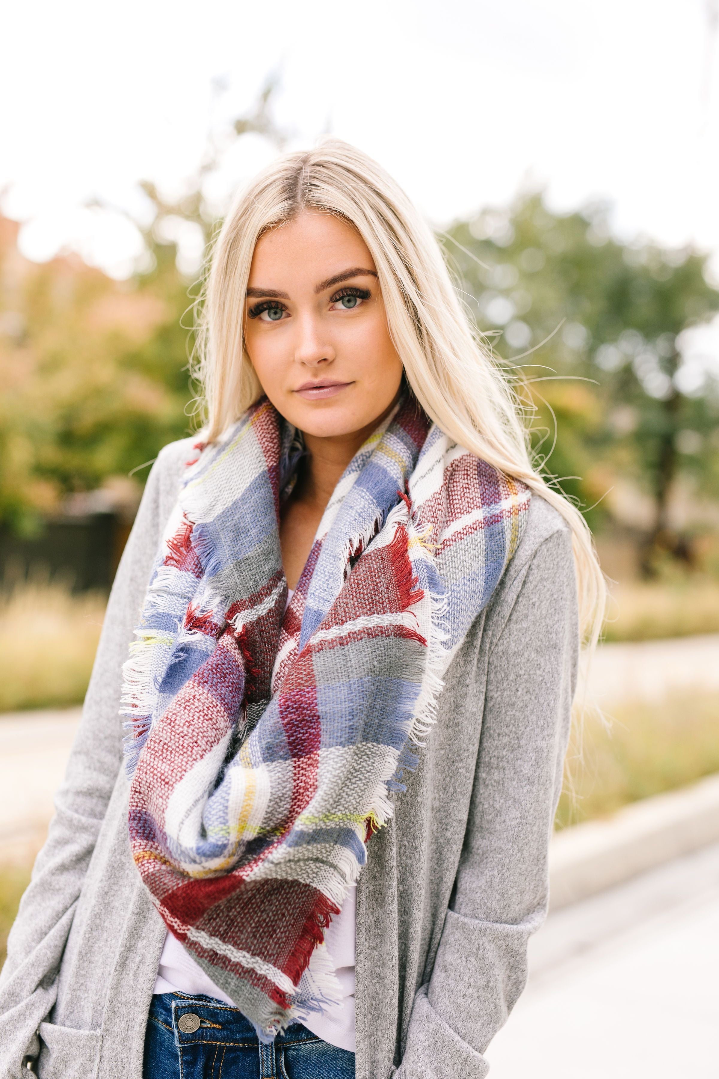 Frayed & Fringed Scarf In Burgundy + Blue