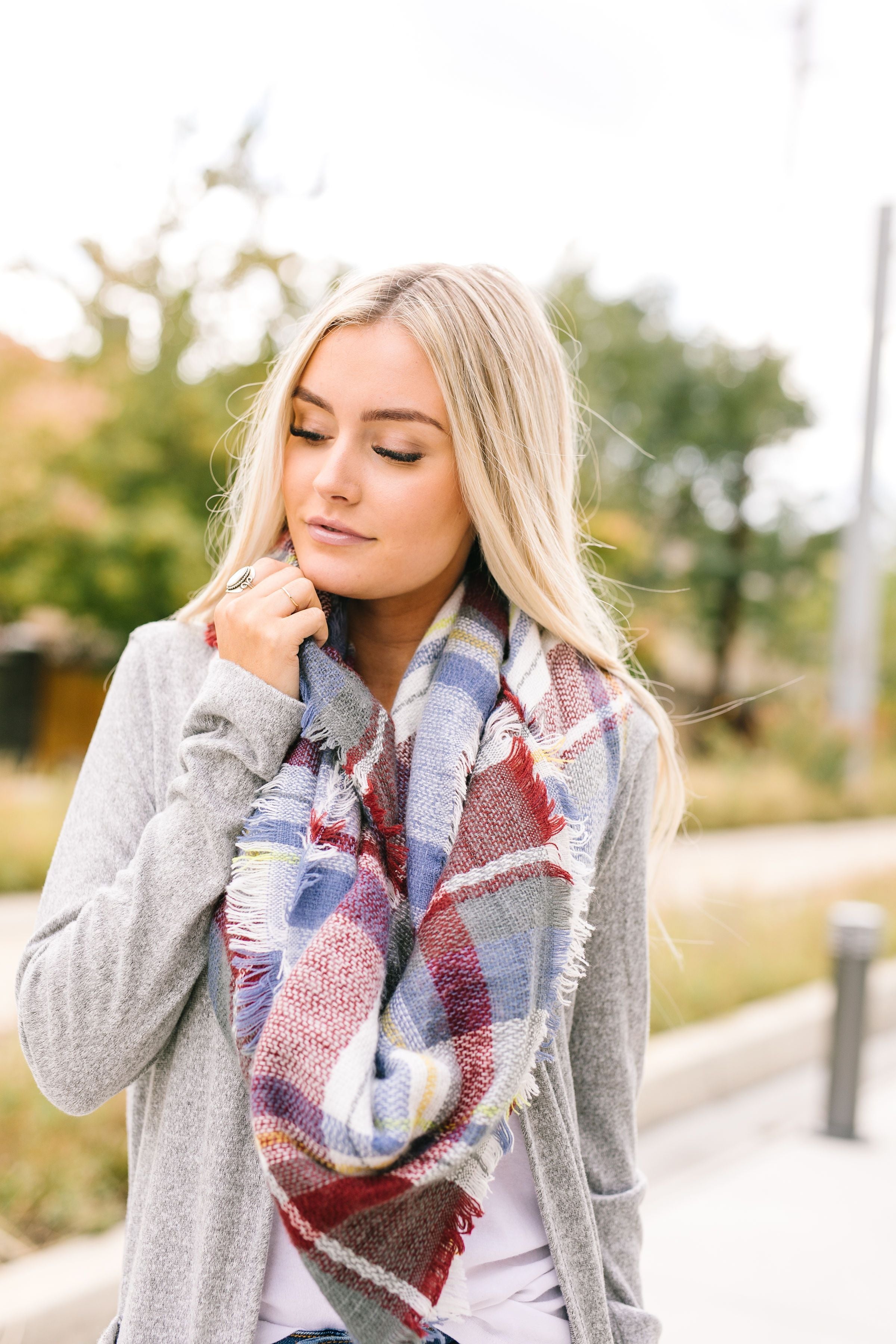 Frayed & Fringed Scarf In Burgundy + Blue