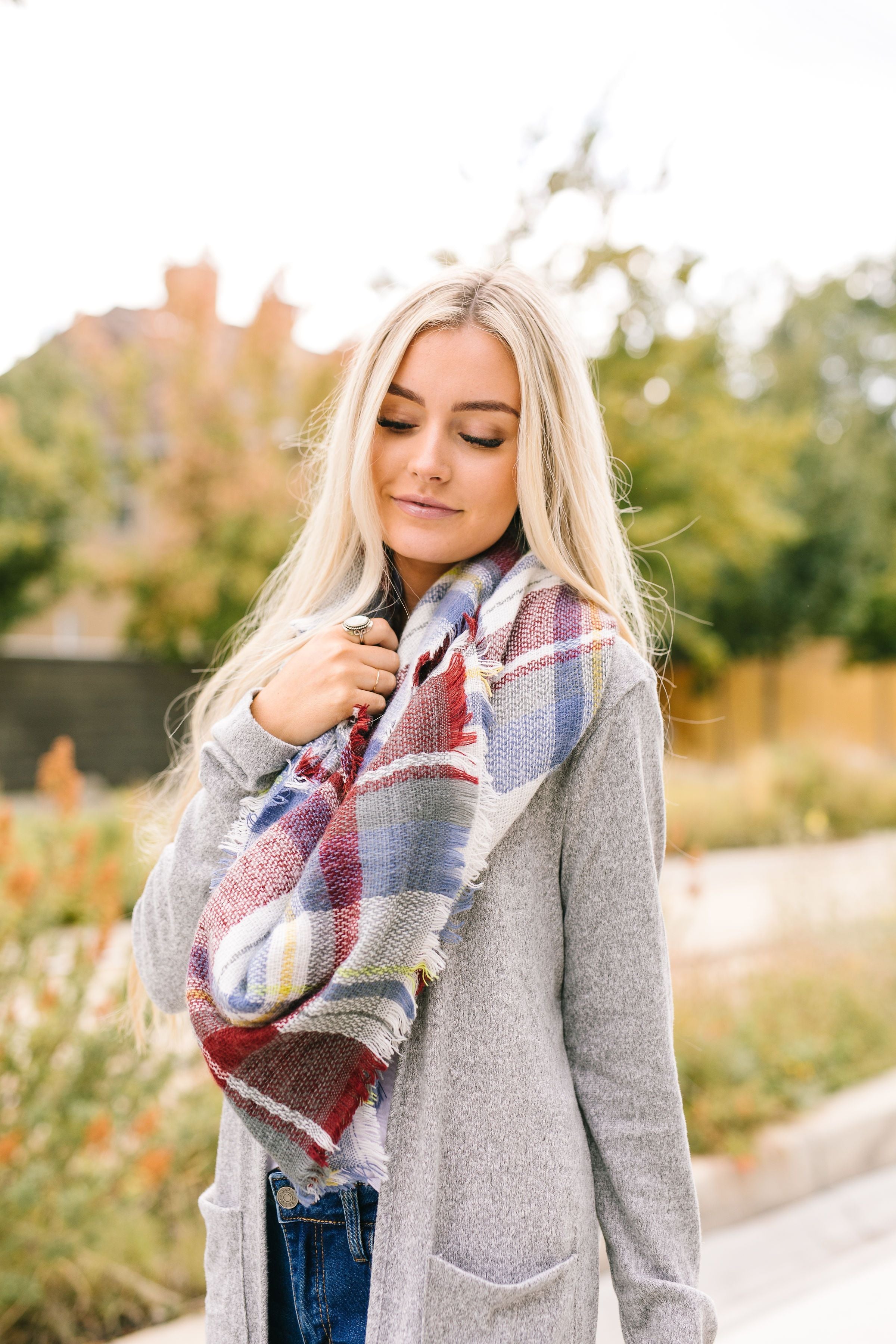 Frayed & Fringed Scarf In Burgundy + Blue