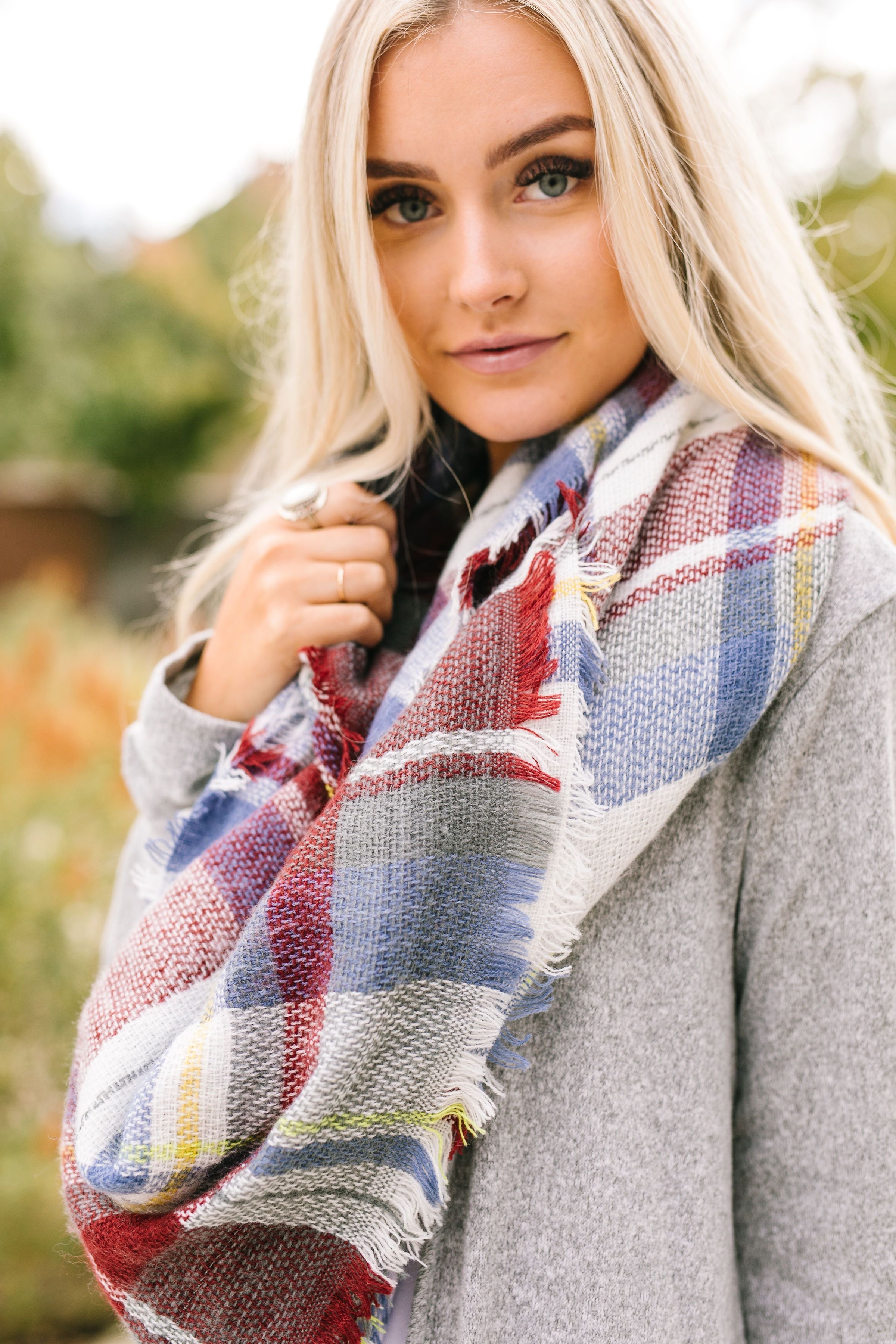 Frayed & Fringed Scarf In Burgundy + Blue