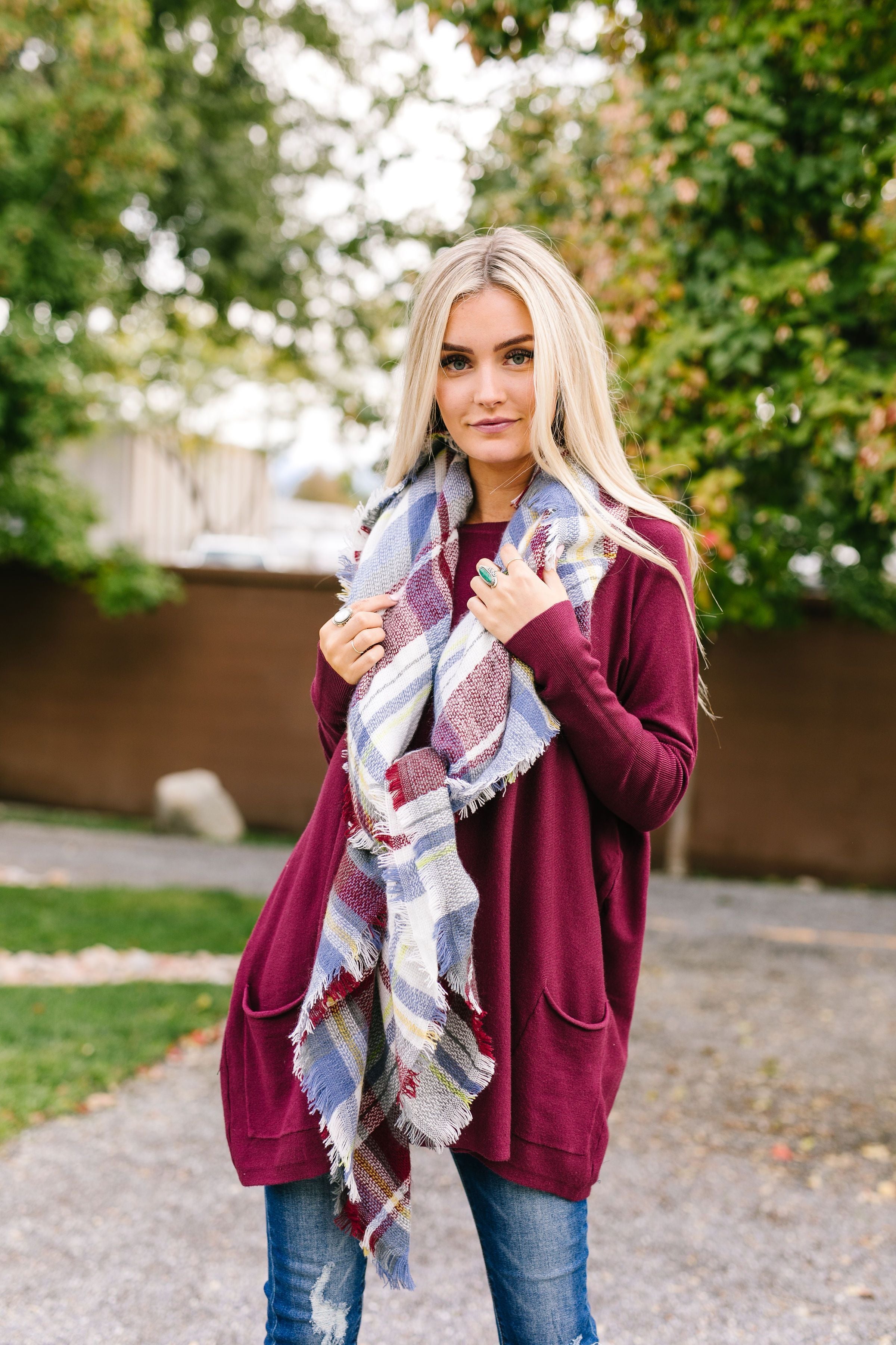 Frayed & Fringed Scarf In Burgundy + Blue